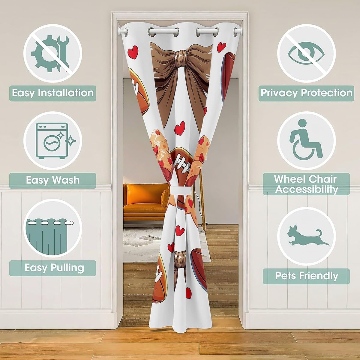 Erosebridal Brown Bowknot Door Curtain for Football Lovers,Football Blackout Curtain with Ribbon Bow Design,3D Sports Game Rugby Door Drape,Cartoon Bowtie Decor for Kids Girls,59" W X 80" L