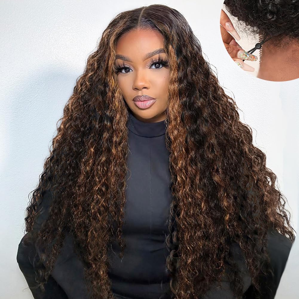 Photo 1 of Lemiva 7x5 Balayage Highlight Lace Front Wig Human Hair Pre Plucked Pre Cut HD Lace Glueless Wigs 200% Density Deep Wave Lace Front Wigs Human Hair 26 Inch Ombre FB/30 Wear Go Drawstring Wig for Women