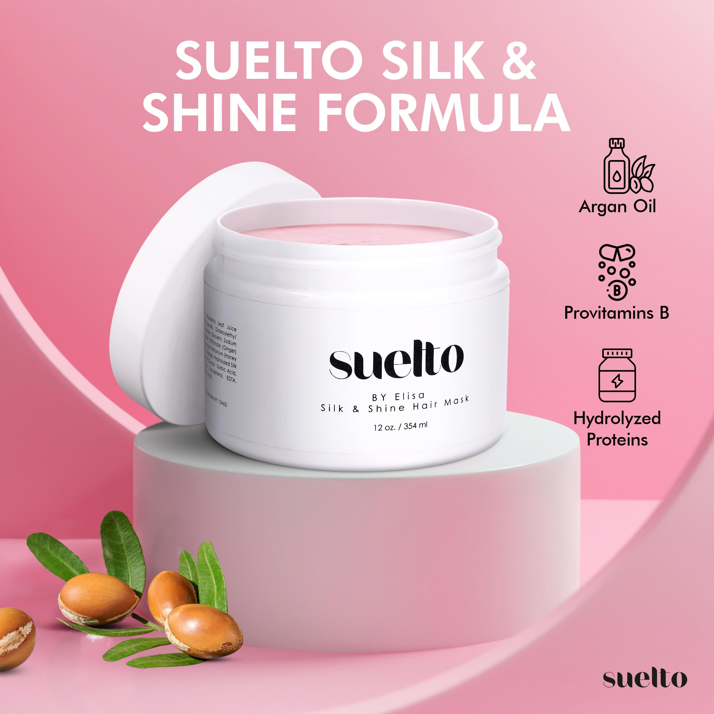 Suelto Silk + Shine Hair Mask Instant Shine Enhancing Hair Mask Formulated with Argan Oil, Sunflower Oil Panthenol, Hydrolyzed Proteins 12 Fl. Oz