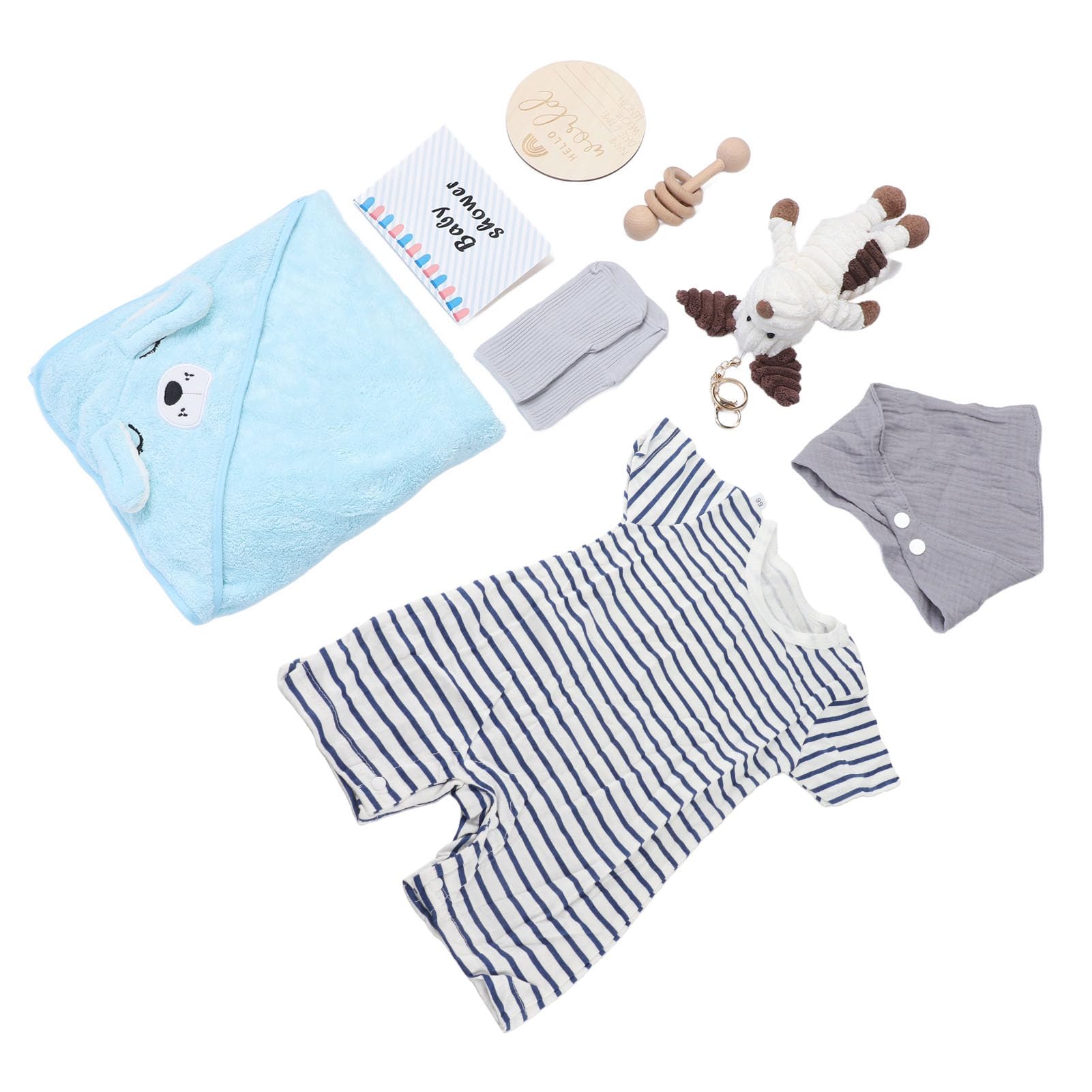 Jiawu Noworodek Prezenty na Baby Shower Zestaw Koszy dla Dziewczynek Chłopcy - Zawiera Urocze Ubranka dla Lalki Śliniaki Skarpetki Grzechotka Drewniana Zabawka i Kartka z życzeniami - Miękki Ręcznik