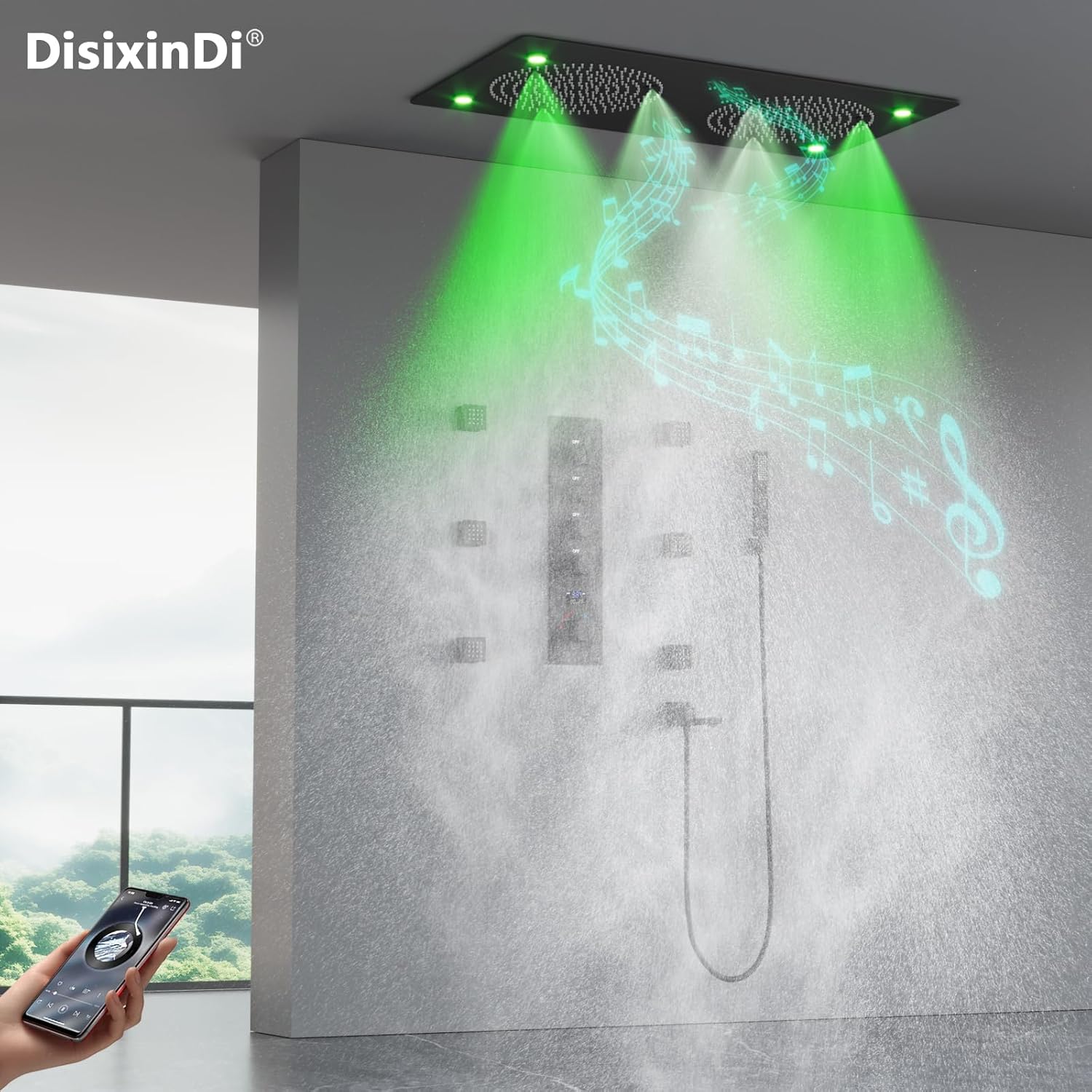 Smart Matte Black Rain LED Ceiling Shower Head With Handheld Spray, 12.5X24.5 Inch Super Large Rectangle Rainfall Shower System Fixtures Set And Body Jets For Double Bath