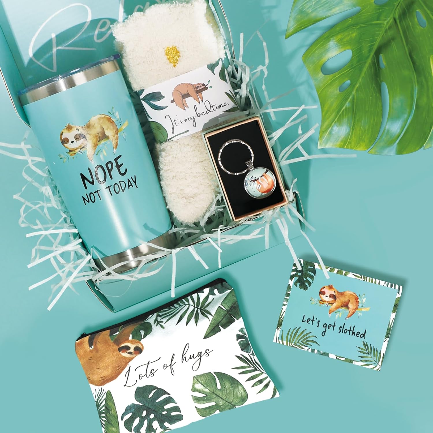 Sloth Gifts for Women Girls, Christmas Birthday Presents Basket Stuff for her Mom Adults Girlfriend Friend Bestie Coworker - Funny Coffee Wine Tumbler Cup Mug with Socks Keychain Makeup Bag - Image 2