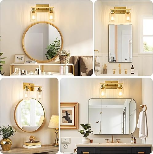 Vista 22 de Jonsi 3 luces de tocador de baño de oro cepillado con pantalla de vidrio estriado, luces de baño doradas modernas sobre espejo