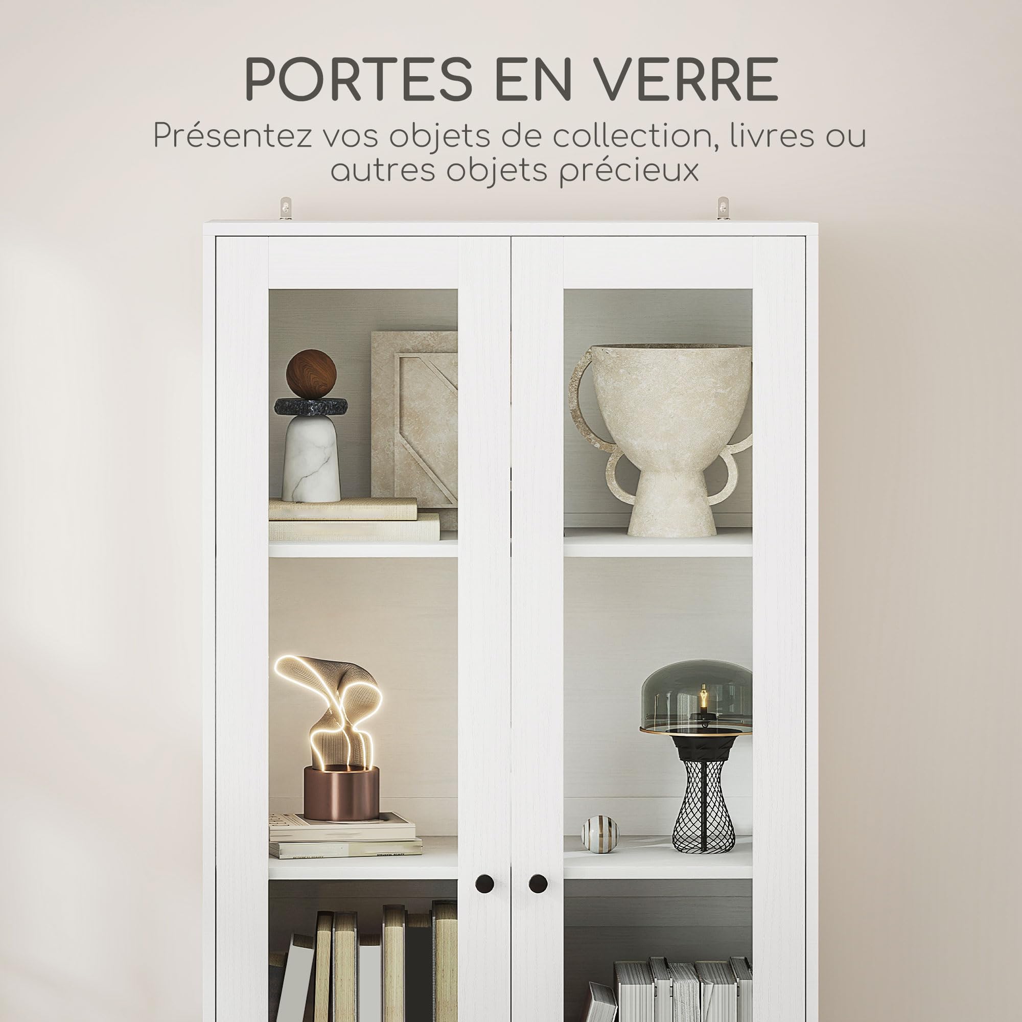 HOMCOM Meuble de Rangement Buffet Salon Placard 59 x 30 x 164 cm Blanc | Portes Vitrées, Étagères Réglables, 2 Tiroirs, Armoire de Rangement, Salon Cuisine Chambre