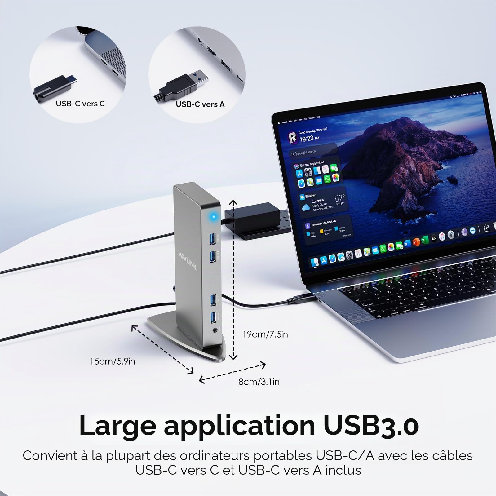 WAVLINK Station d'accueil USB C / USB3.0 Double 4K Affichage Compatible avec Windows et Mac OS (Dual 4K DisplayPort & HDMI, Gigabit Ethernet, Audio, 6 Ports USB)