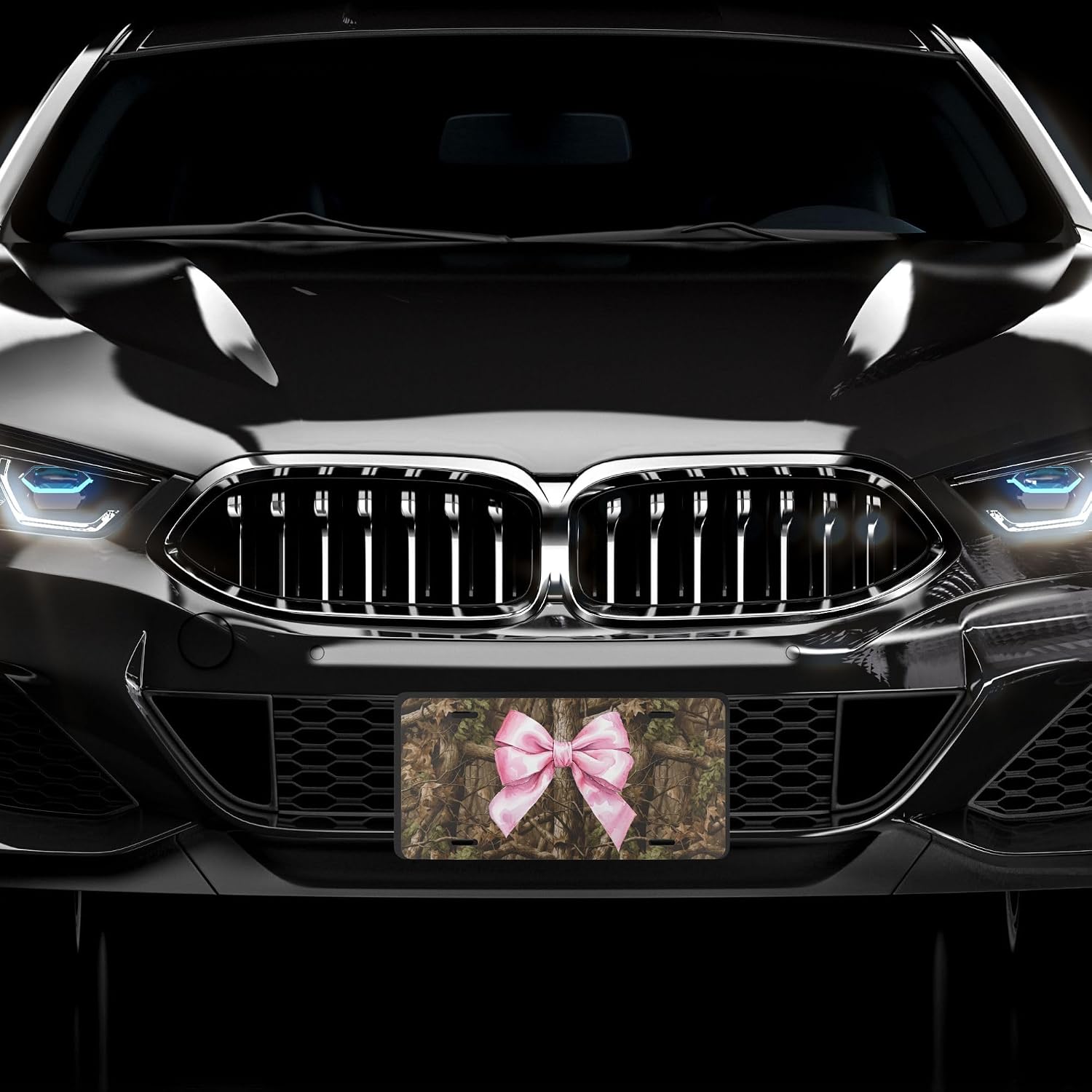 Camo Pink Bow Front License Plate for Women Teens Girls, Camouflage, Female Hunter Deer Cute Car Accessories Girly Coquette Preppy Decor, Hunting, Country Girl Outdoorsy Custom Tag