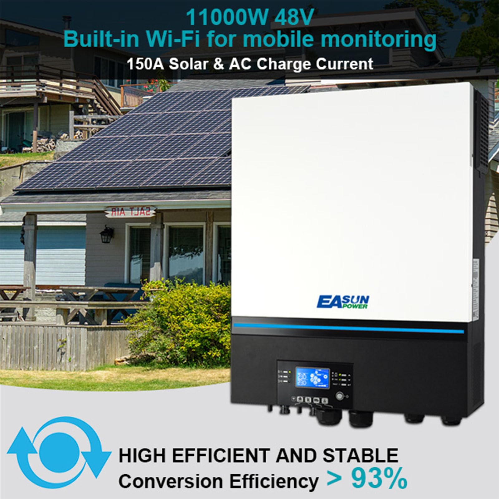 POWLAND Inverter ibrido da 11KW 48V, 2 MPPT, inverter indipendente dalla rete, funziona senza batteria, 150A Corrente di carica, Supporto parallelo, Doppia uscita 230v AC, FV 90-450Vdc, WiFi integrato