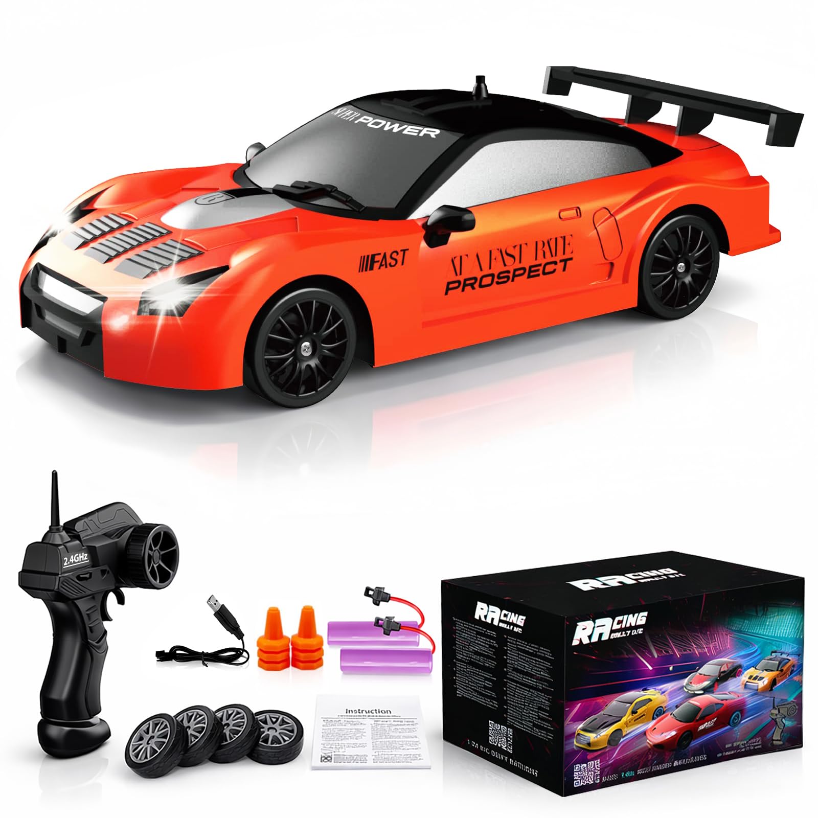 Remote Control Car RC Drift Car 2.4GHz 1:24 Scale 4WD 15KM/H High Speed Model Vehicle with LED Lights Drifting Tire Racing Sport Toy Car for Adults Boys Girls Kids Gift 2Pcs Rechargeable Batteries