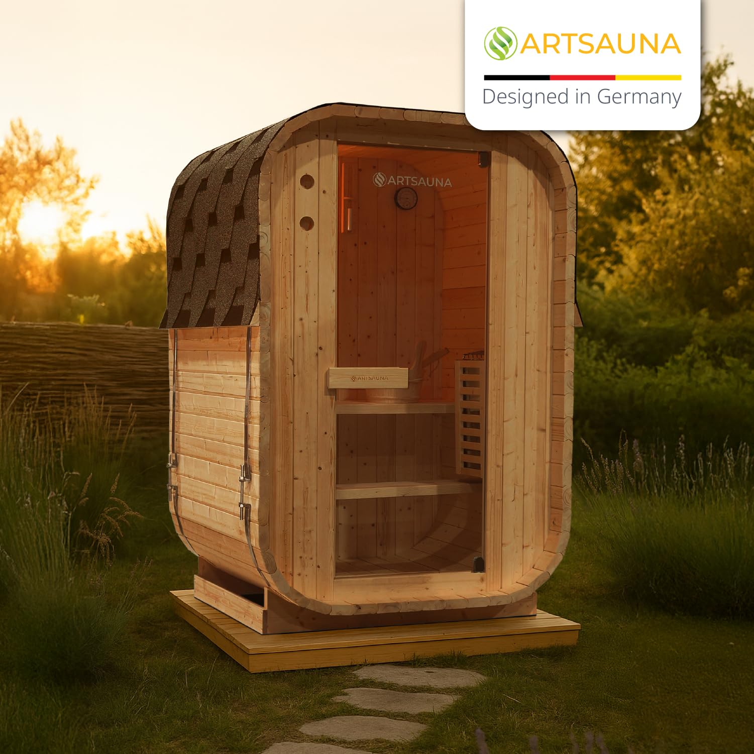 Artsauna Fasssauna Nolvik S Outdoor-Sauna Fichtenholz 3,6 kW Ofen LED Komplettset Winterfest Cube Design