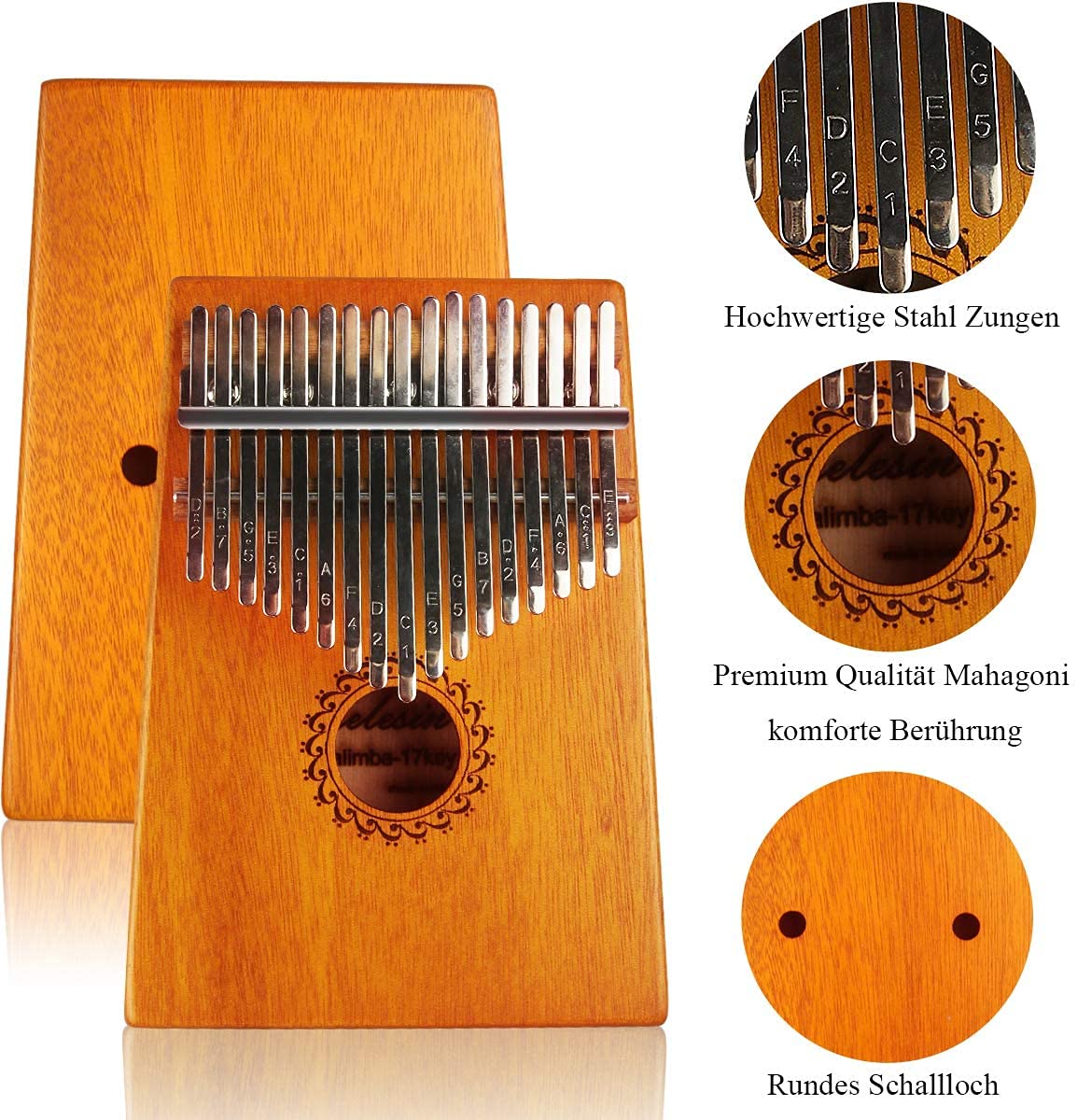 Kalimba 17 Schlüssel, Kalimba Instrument mit Lernpaket, Professionelle Daumenklavier Kalimb für Kinder und Erwachsene (Braun)