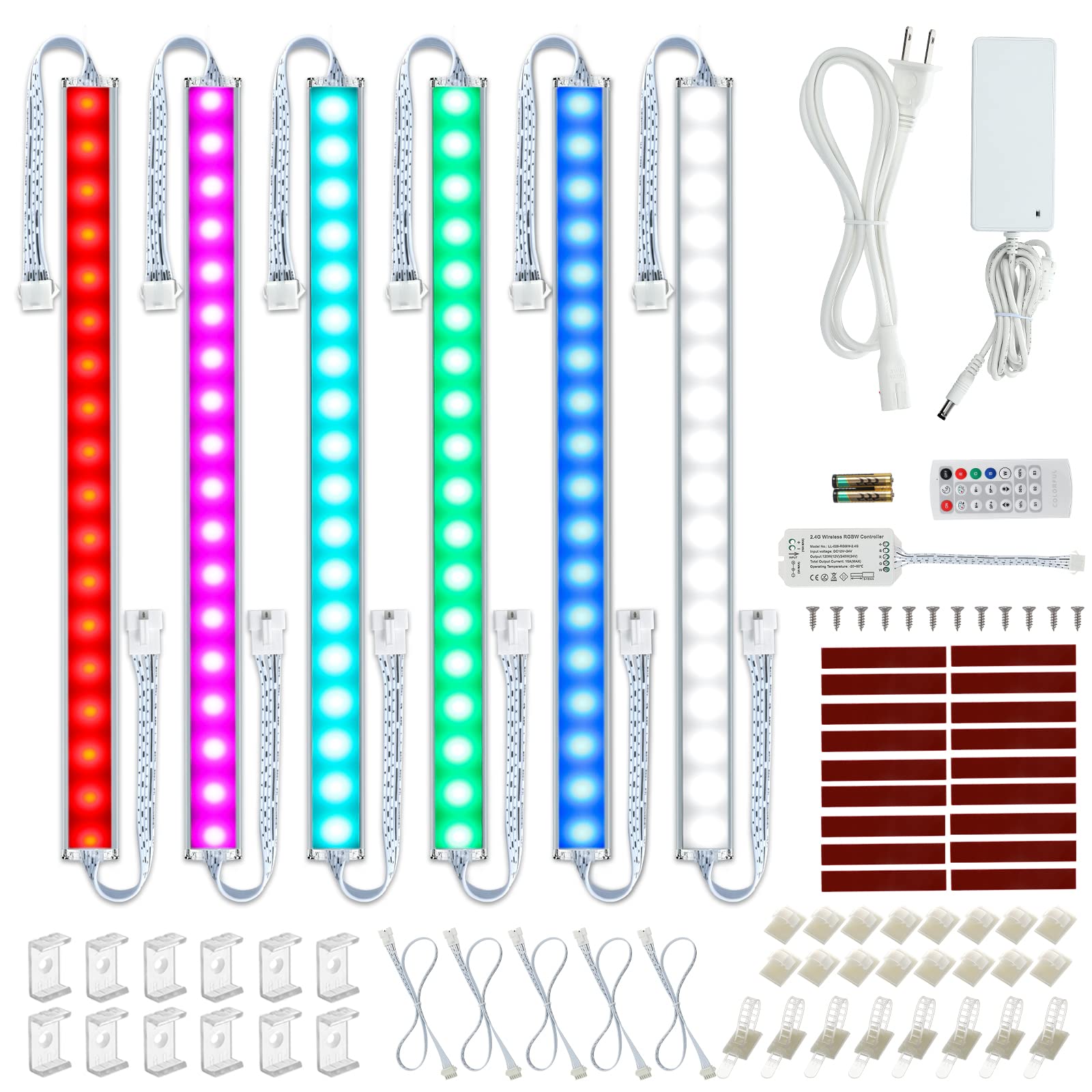Under Cabinet LED Lights Kit. RGB Color Changing & Super Bright White Lighting. Dimmable with Remote. 6 pcs Linkable LED Light Strips with Power Supply, Extension Cords. Plug in. Max 24W. RGB + 5000K.