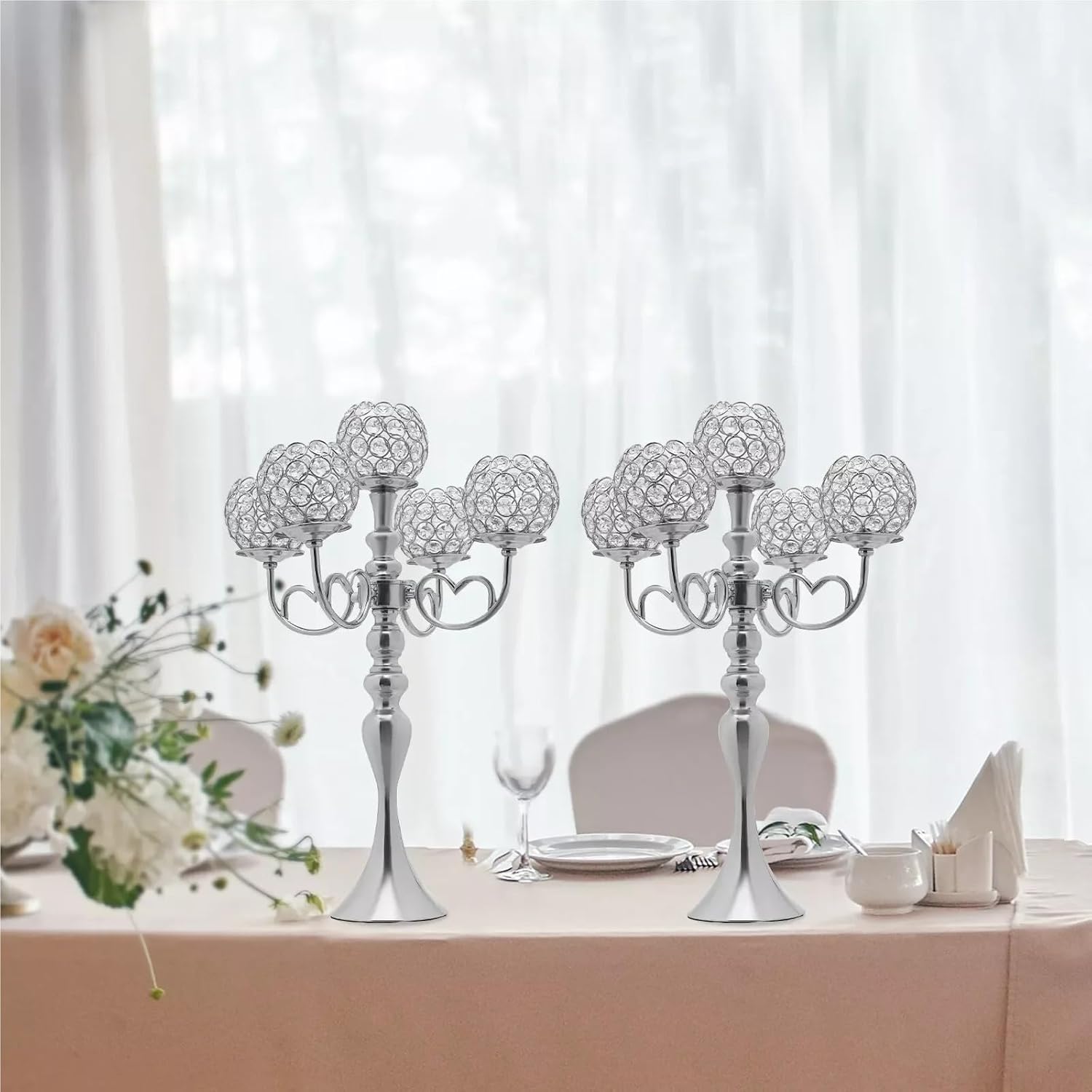 Candle Holder Candelabra 2pcs Set 5-Arm Silver Crystal, Iron Frame, Elegant Decor for Weddings, Home, Parties, with Non-Slip Pads