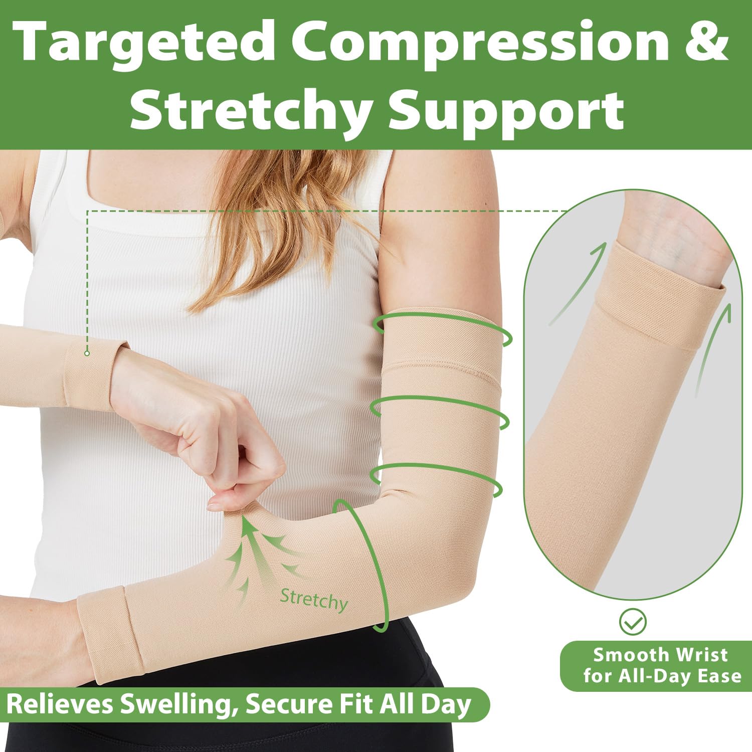 Manchons de compression pour lymphœdème pour femmes, 20-30 mmHg soutien complet du bras pour la récupération du gonflement et la circulation