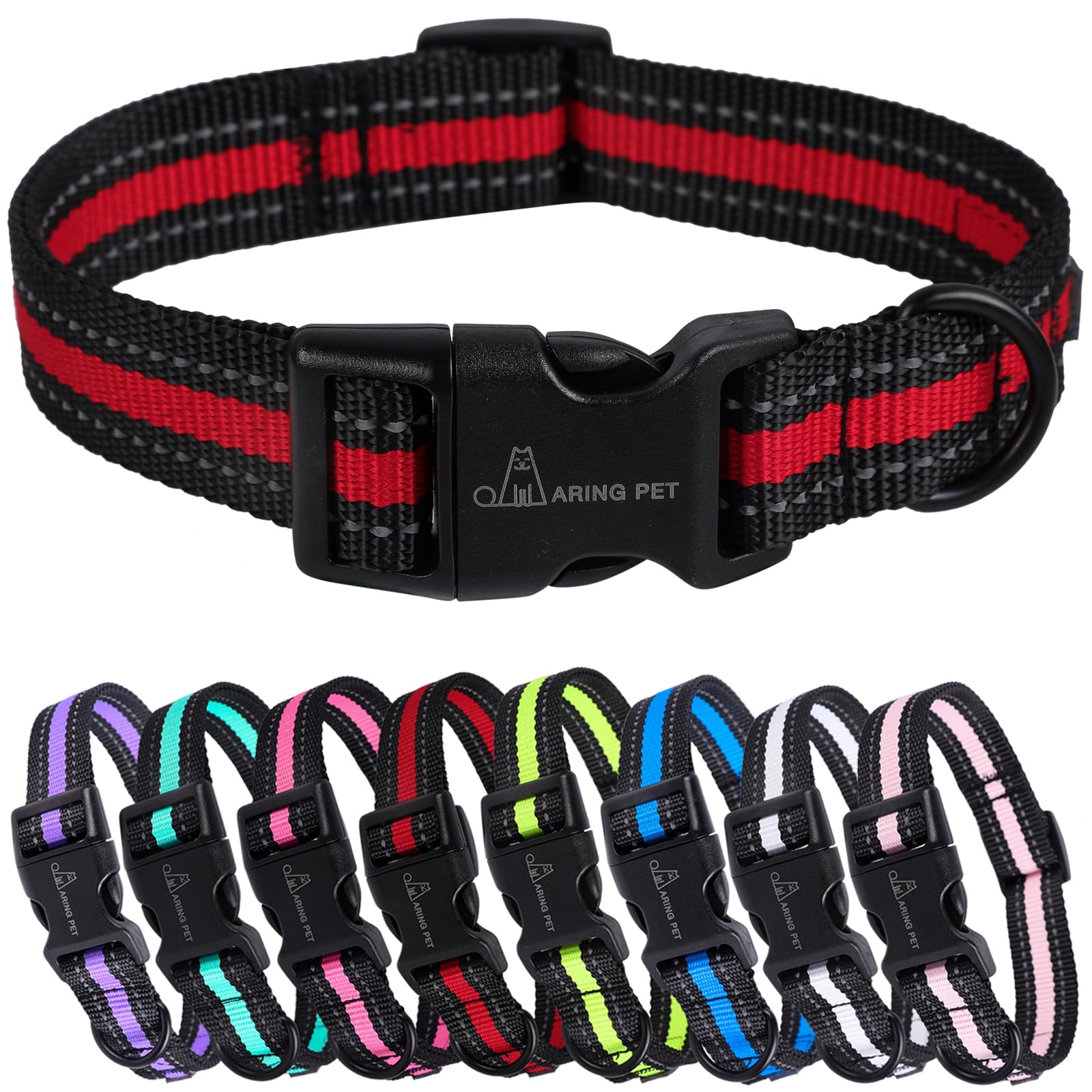ARING PET Reflective Dog Collar, Cute Red Dog Collars, Lightweight Nylon Christmas Dog Collars with Quick Release Buckle