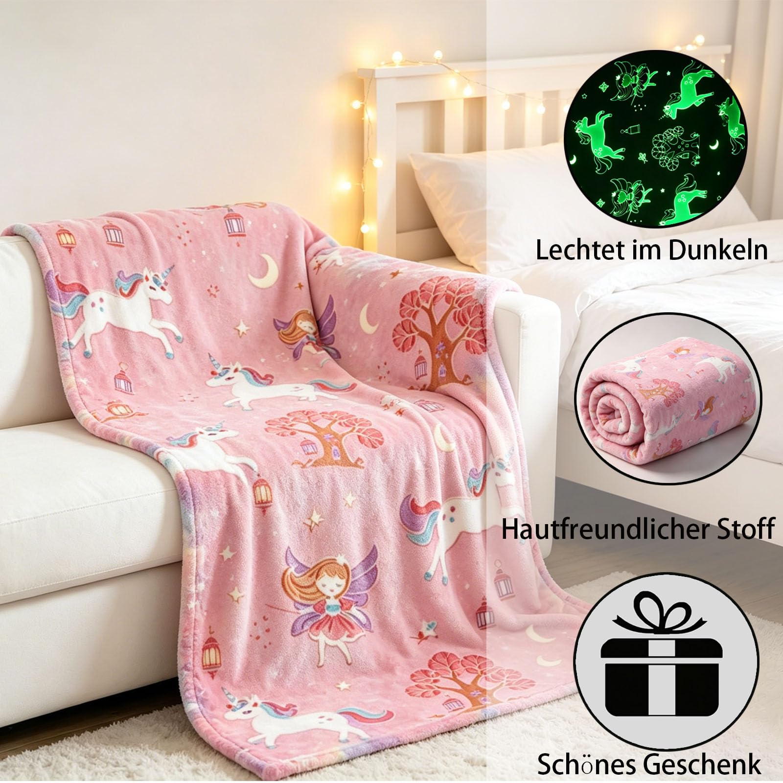 Kuscheldecke Kinder Einhorn/Dinosaurier/Schmetterlinge Decke Kuscheldecke Leuchtet im Dunkeln Einhorn Tiere Geschenke für Jungen und Mädchen Weiche und Warme Decke (Einhorn A, 130x150cm)