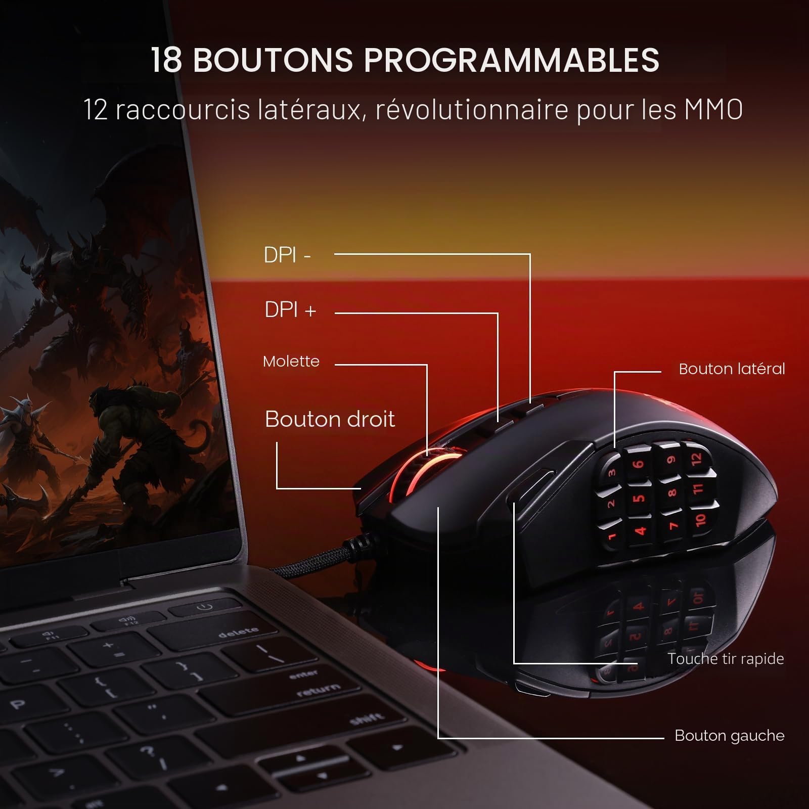 Redragon M921 Souris MMO Filaire RVB 12400 DPI 18 Boutons