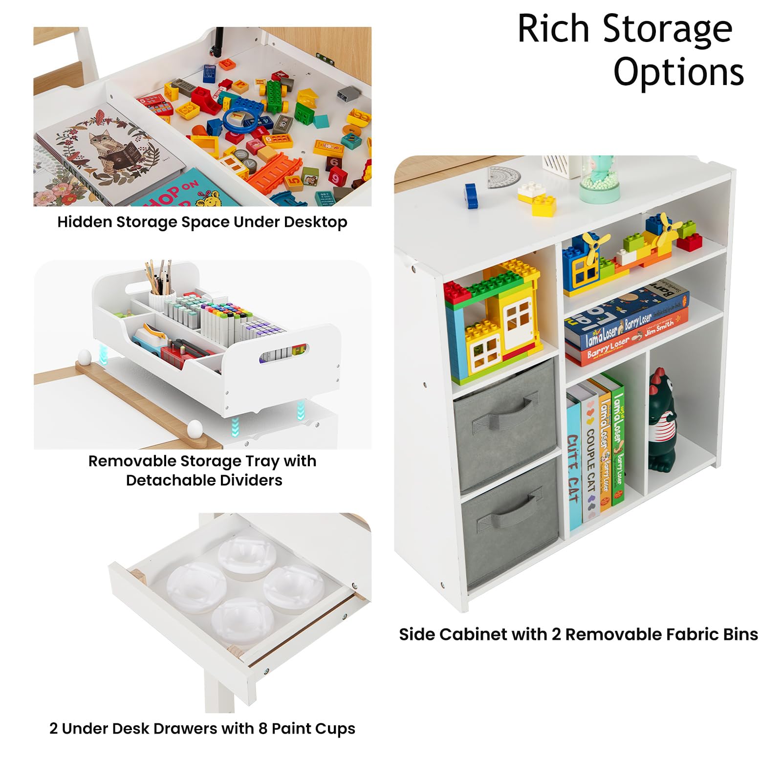 LIFEZEAL Tavolino Bambini, in Legno, con Sedia, Lavagna, Cavalletto, Scaffale per Giocattoli, Libreria, Porta Rotolo di Carta, Tavolo Bambini da Cameretta, Set per Bimbi 3+Anni, Naturale