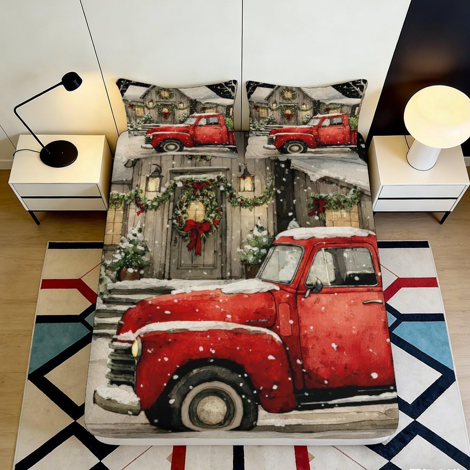 3D Printed Red Vintage Truck Fitted Sheet Microfiber Snowy Christmas Door Mattress Cover for Bedroom Guest Room Decor 90x200x25cm