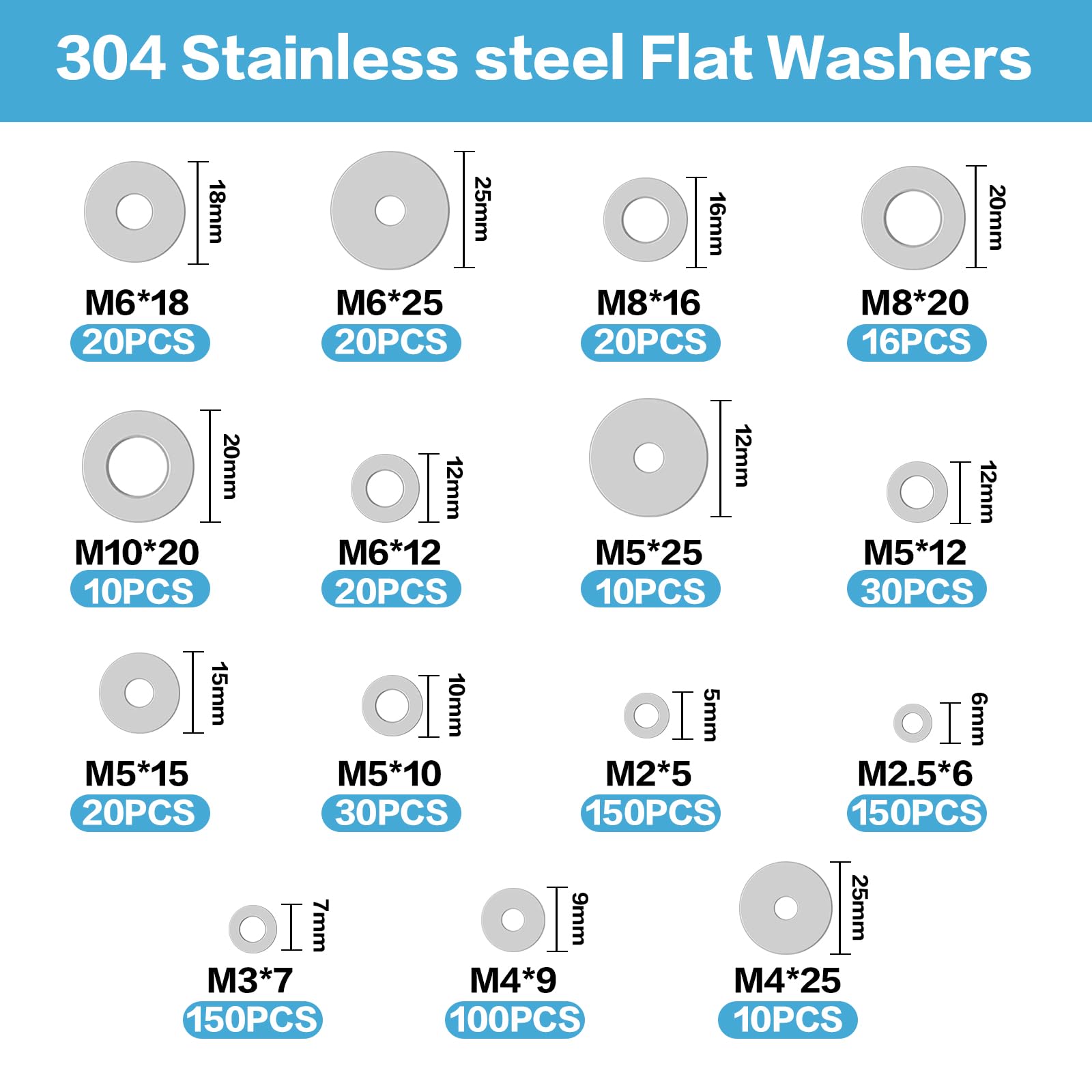 746 Pz Kit di Rondella Inox, Kit Rondelle Piatte Set, Rondella Metalliche Assortimento, Rondelle Acciaio Inox per Viti, rRondelle Piatte in Acciaio Inossidabile, M2 M2,5 M3 M4 M5 M6 M8 M10