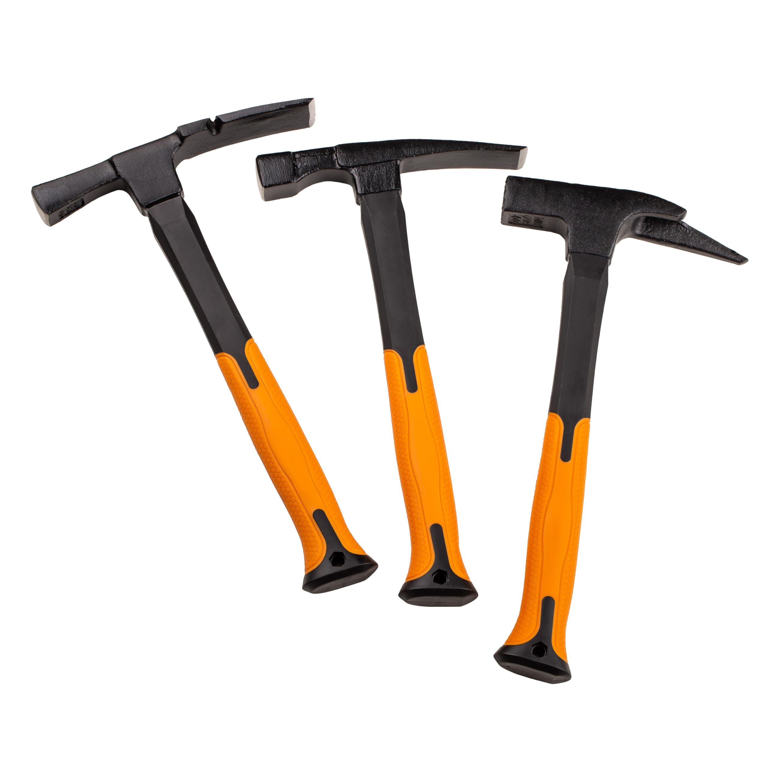 MIVOS Set di 3 martelli con manico in fibra di vetro 2K – Martello da mattone – Martello da muratore – Martello in acciaio con impugnatura in gomma anti-vibrazione e testa in acciaio forgiato 600 g –