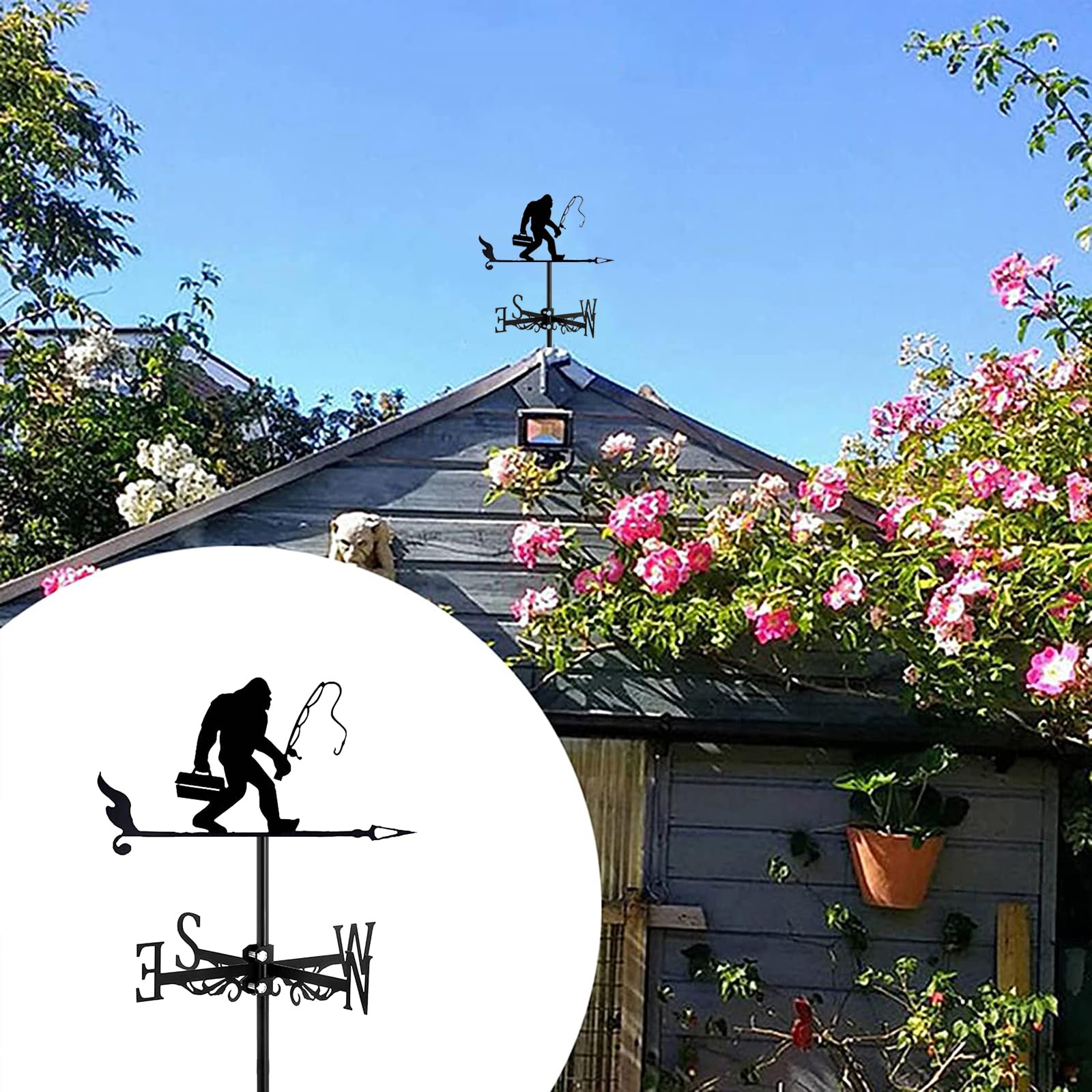 Metal Weather Vane Sasquatch Ornament Wind Vane Black Iron Retro Garden Outdoor Patio Yard Decoration Wind Direction Indicator, Bigfoot Fishing