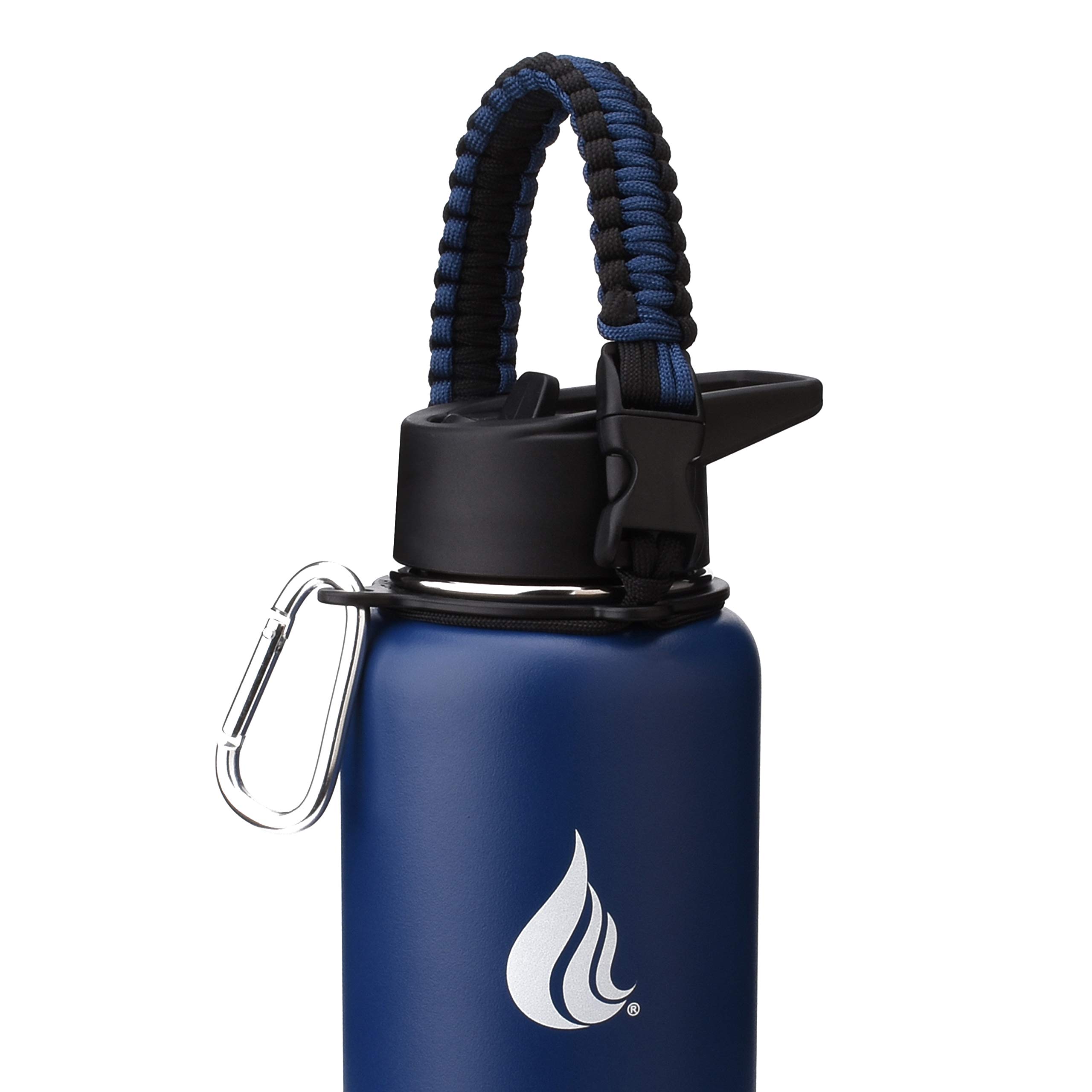 HYDRO CELLParacord Handle for Wide Mouth Water Bottles - Carrier Strap w/Attachment Ring and Carabiner Accessory. Compatible w/ 64oz, 40oz 32oz, 24oz, 18oz, 14oz Insulated Bottles