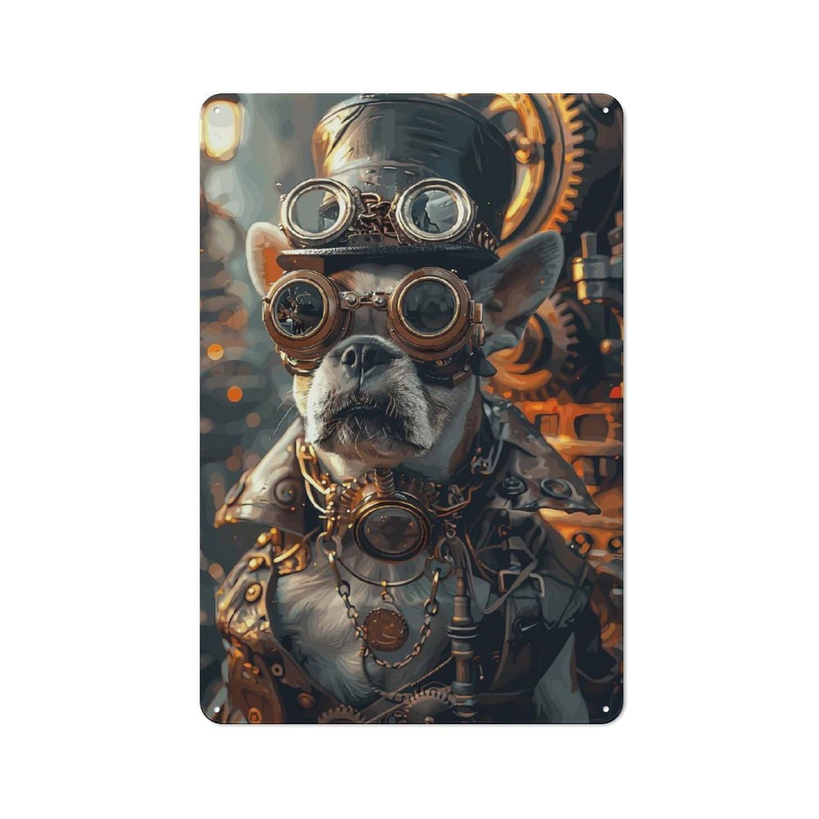 Junmoney Steampunk French Bulldog Vintage Tin Sign 30X20cm With For Kitchen Or Home Bar, For Retro Home Interiors, For Cafés, Pubs And Restaurants