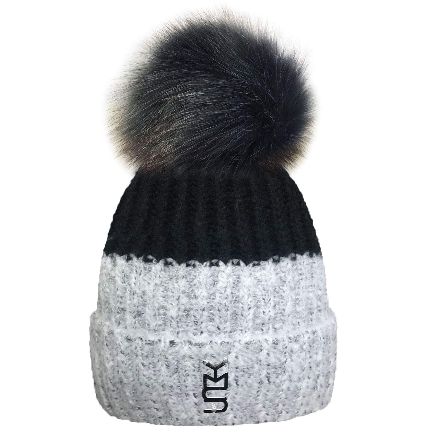 TOSKATOK® Ladies Womens Winter Warm Cosy Two Tone Beanie Bobble Hat with Large Faux Fur Pom Pom Black/Grey