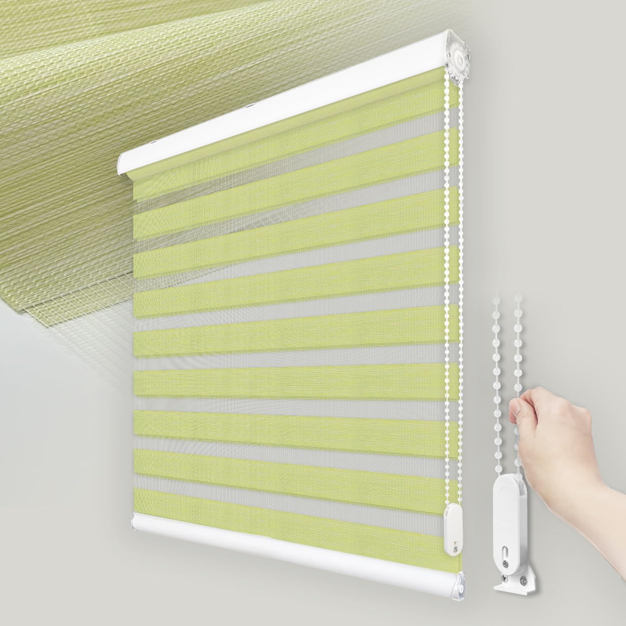 FOIRESOFT Jacquard Pattern Zebra Roller Blinds [Woodlook, White, W 38 x H 64inch], Dual Layer Safety Device Manual Shades, Light Filtering Window Covering