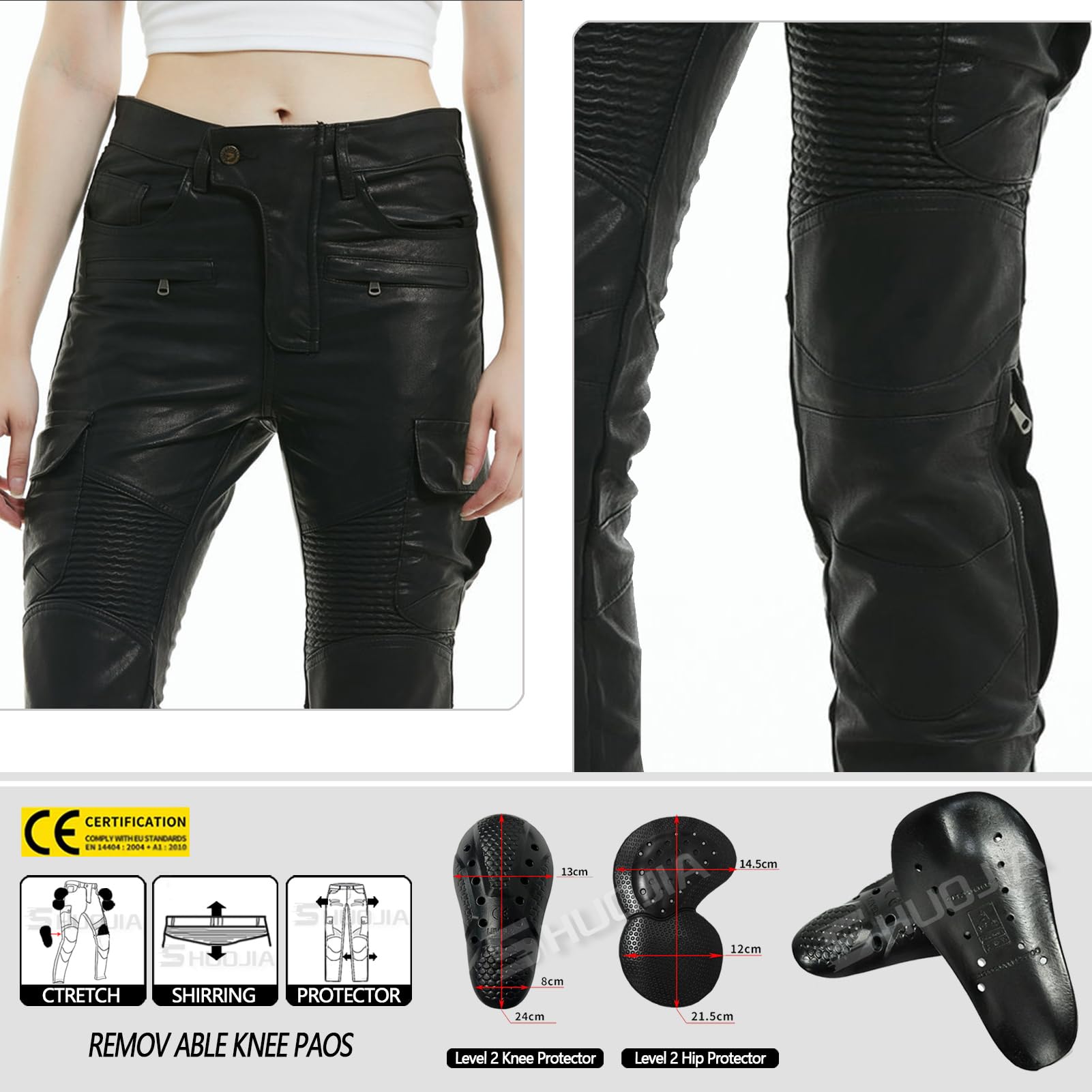 Jeans da moto da donna Pantaloni protettivi per moto Pantaloni da moto rivestiti in PU impermeabili antivento,con 2 paia di protezioni per fianchi e ginocchia rimovibili (Black-C,M)