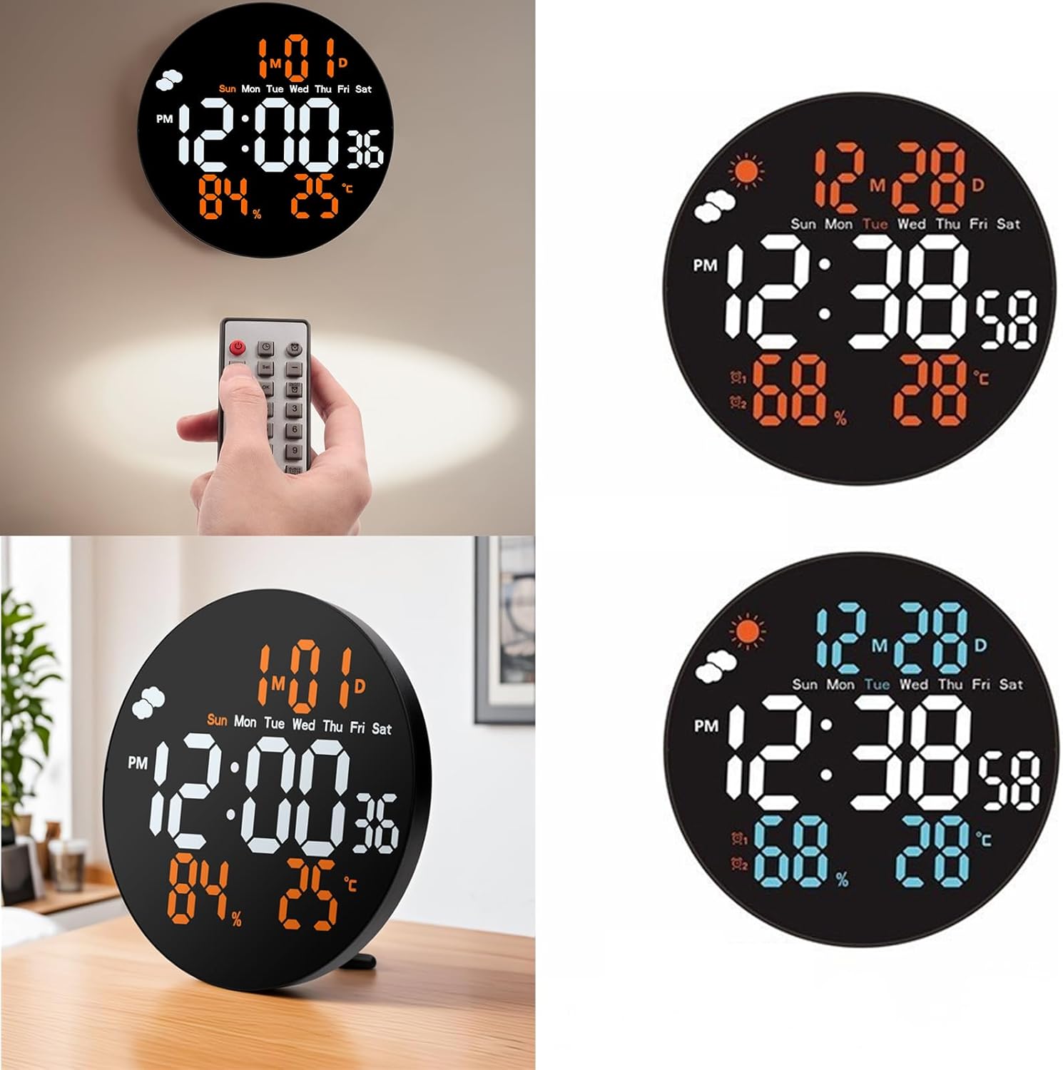 LED Digital Calendar Clock Temperature Humidity Detector Programmable Alarms 12/24 Hour Format Weather Indicators Digital Wall Clock with Temperature and Humidity Digital Desk Clock