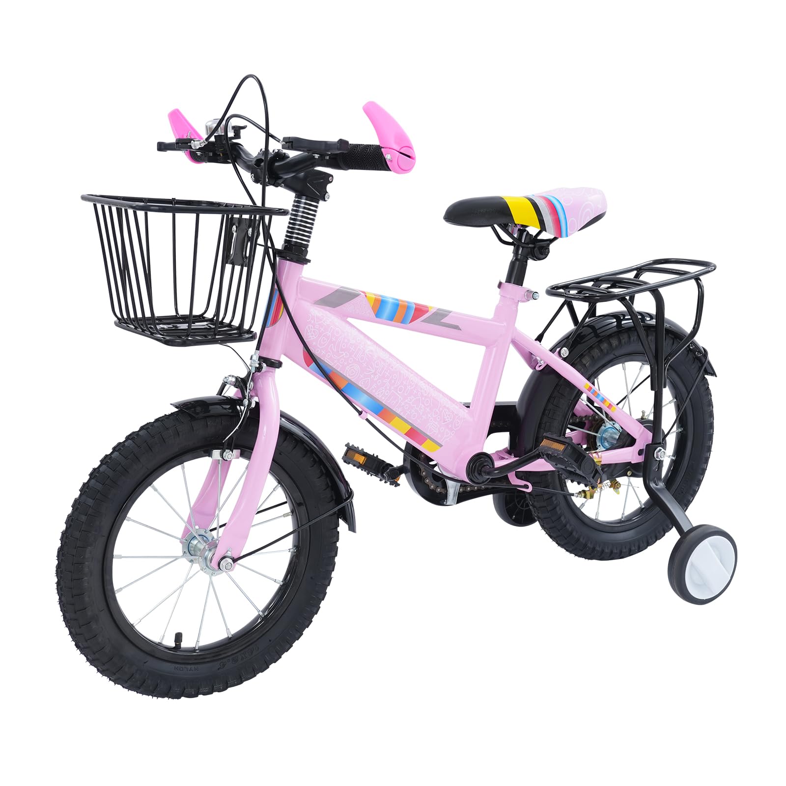 Bicicleta infantil de 14 pulgadas para niños y niñas de 3 a 6 años, altura ajustable para niños con ruedas estabilizadoras, cesta de almacenamiento, asiento trasero