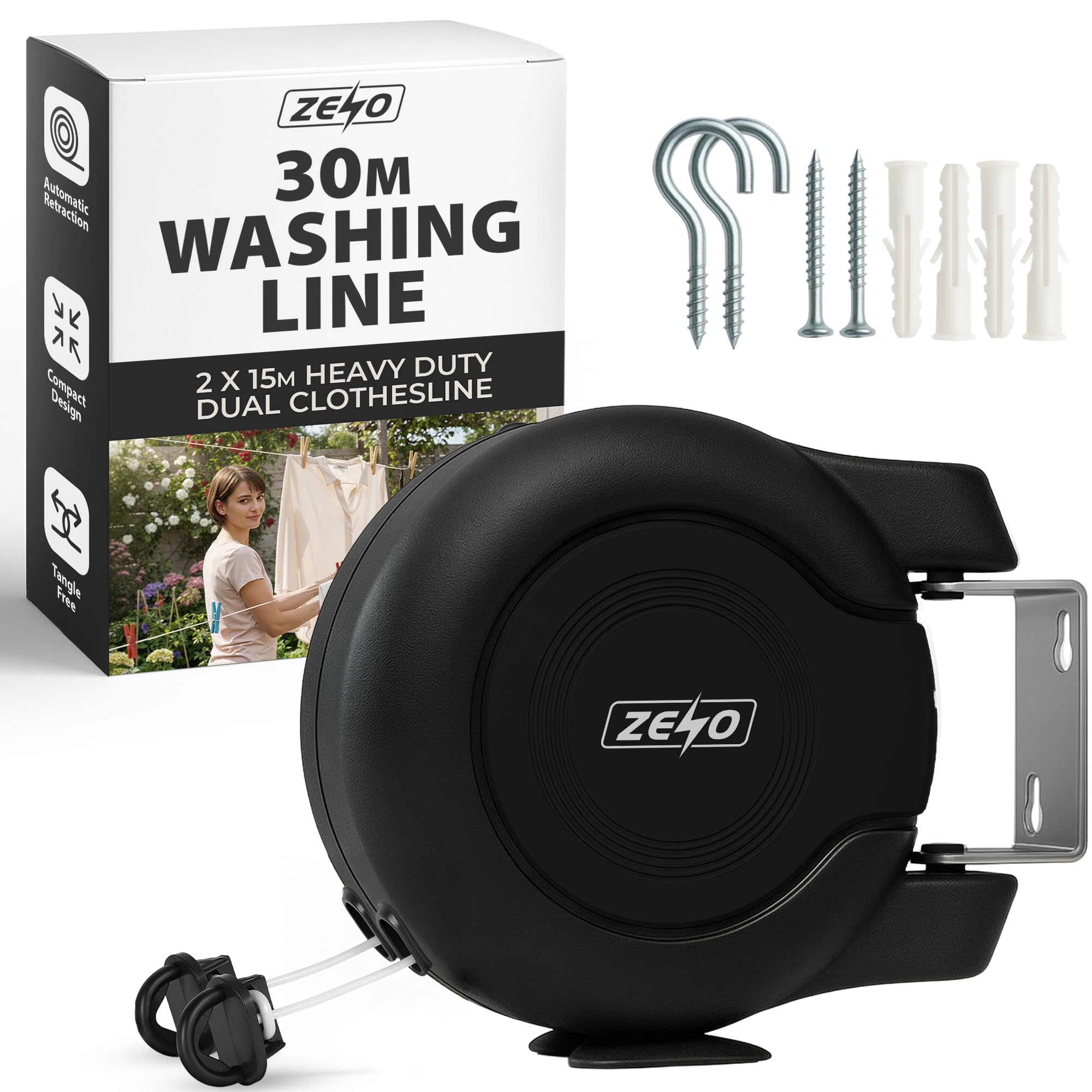 Zeno Black Retractable Washing Line 30M | Heavy Duty Dual Clothes Line With Automatic Retraction | Wall Mounted Laundry Airer For Indoor And Outdoor Use | Space Saving Design | 2X15m Long Line |