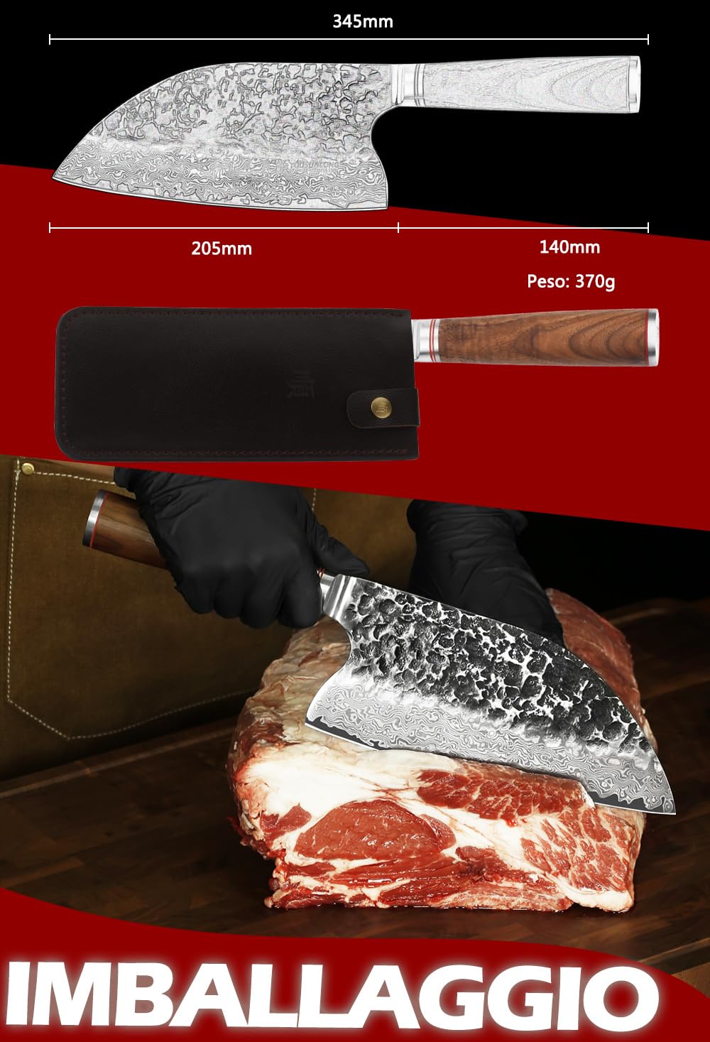 YOUSUNLONG Coltello da cucina professionale da chef mannaia da carne da 206mm martellato damasco fodero in legno di noce naturale con pelle