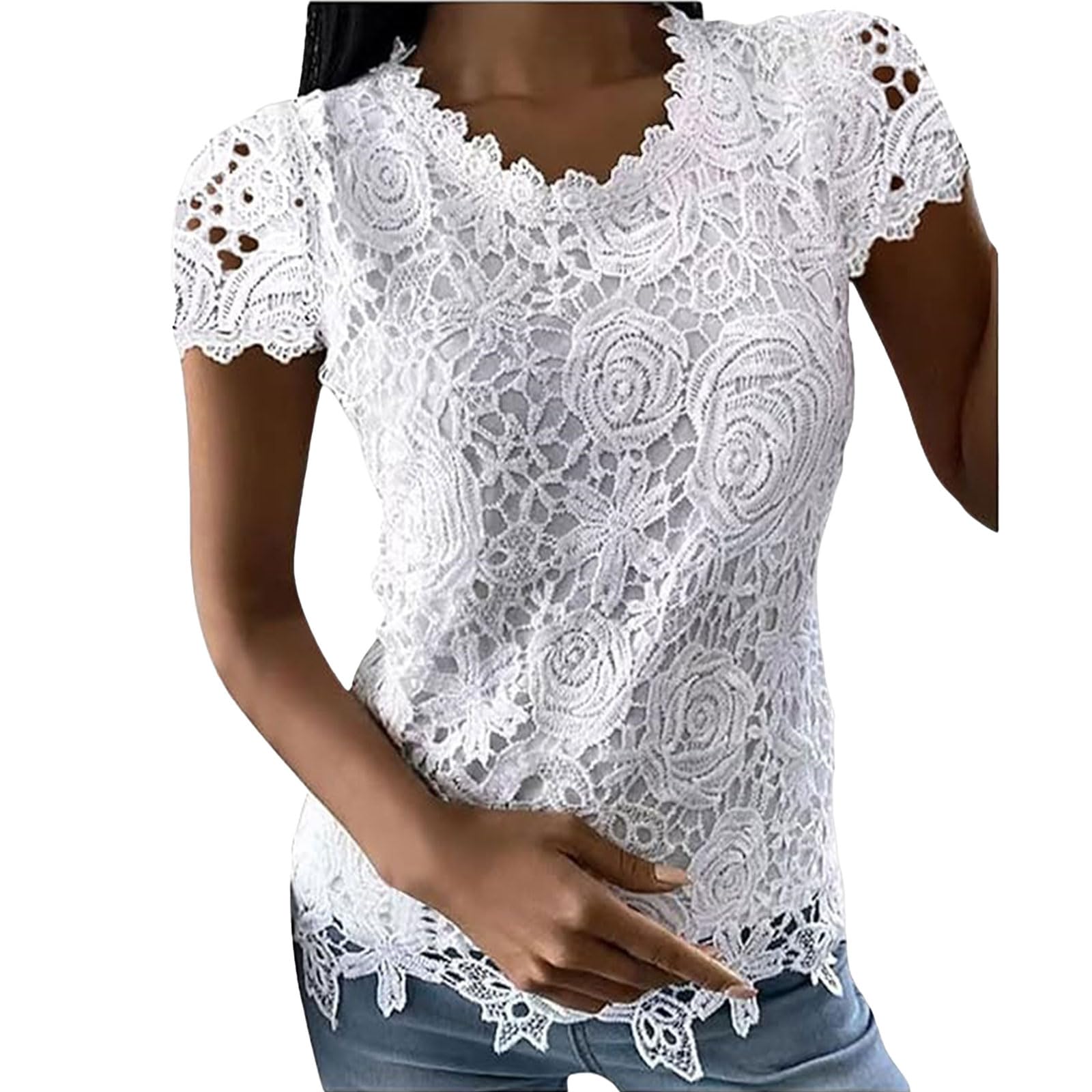 Summer Tops for Women Lace Crochet Embroidery Crewneck T Shirts Casual Loose Fit Short Sleeve Blouses