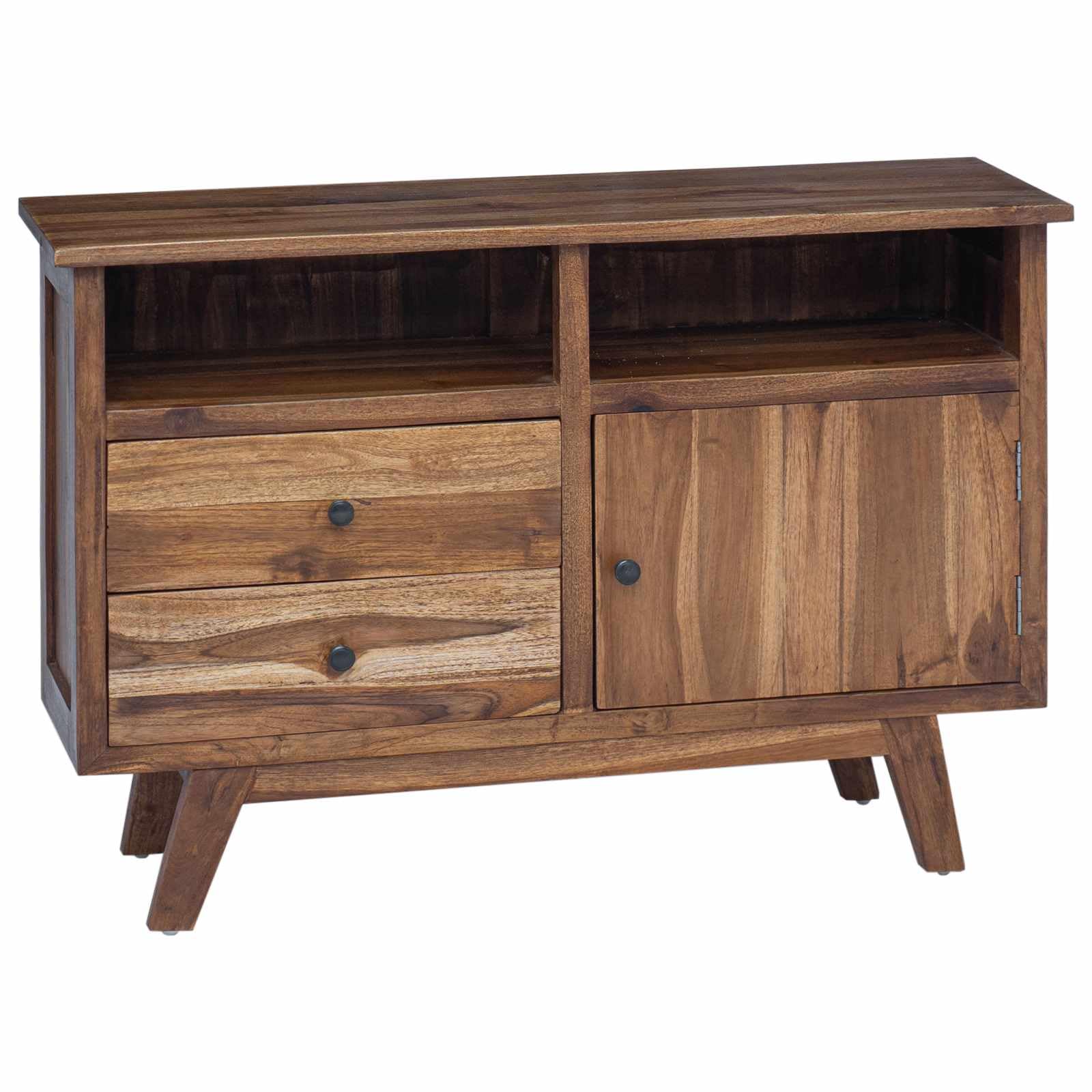 Aparador de teca 100 x 30 x 68 cm madera maciza natural con 2 cajones y puerta, cofre vintage grande para salón, comedor, cocina o pasillo
