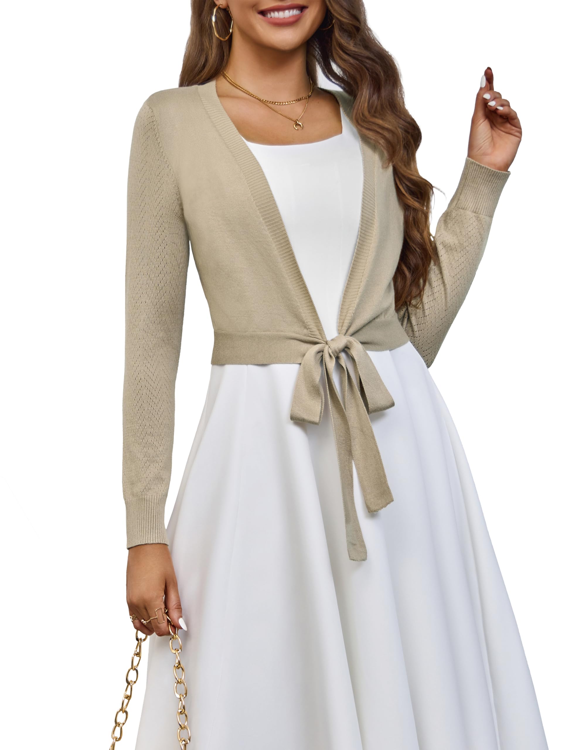 VOIANLIMO Women's Cardigan Knit Sweaters Long Sleeve Cropped Tie Front Bolero Shrug for Dresses S-XL
