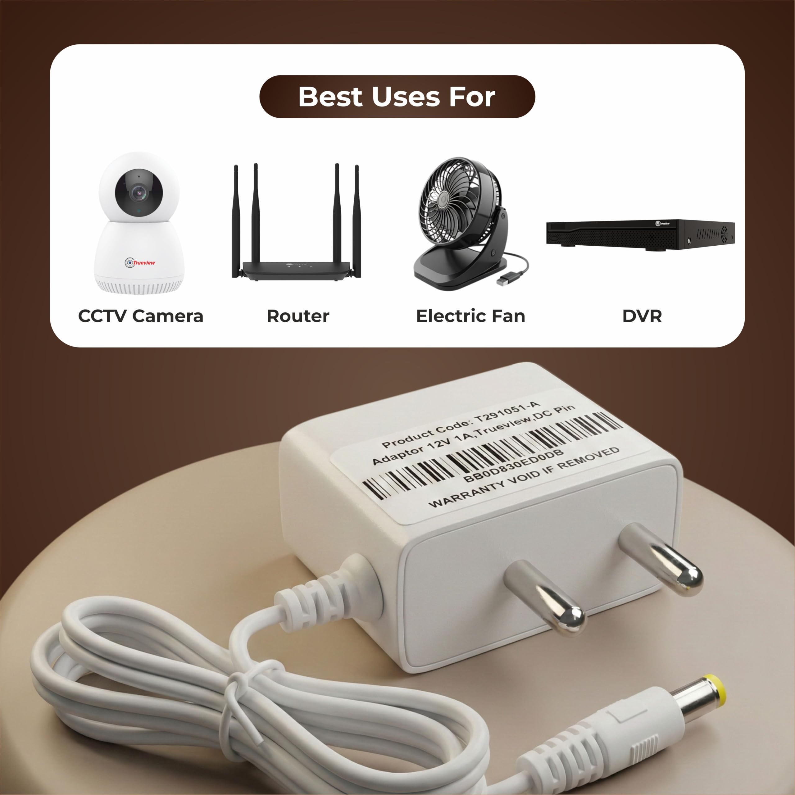 Trueview 12V 1A Power Adapter for CCTV Camera | BIS Certified | 2.1mm DC Pin | 1 Meter Cable | AC to DC Adapter | White — Amazon image 6