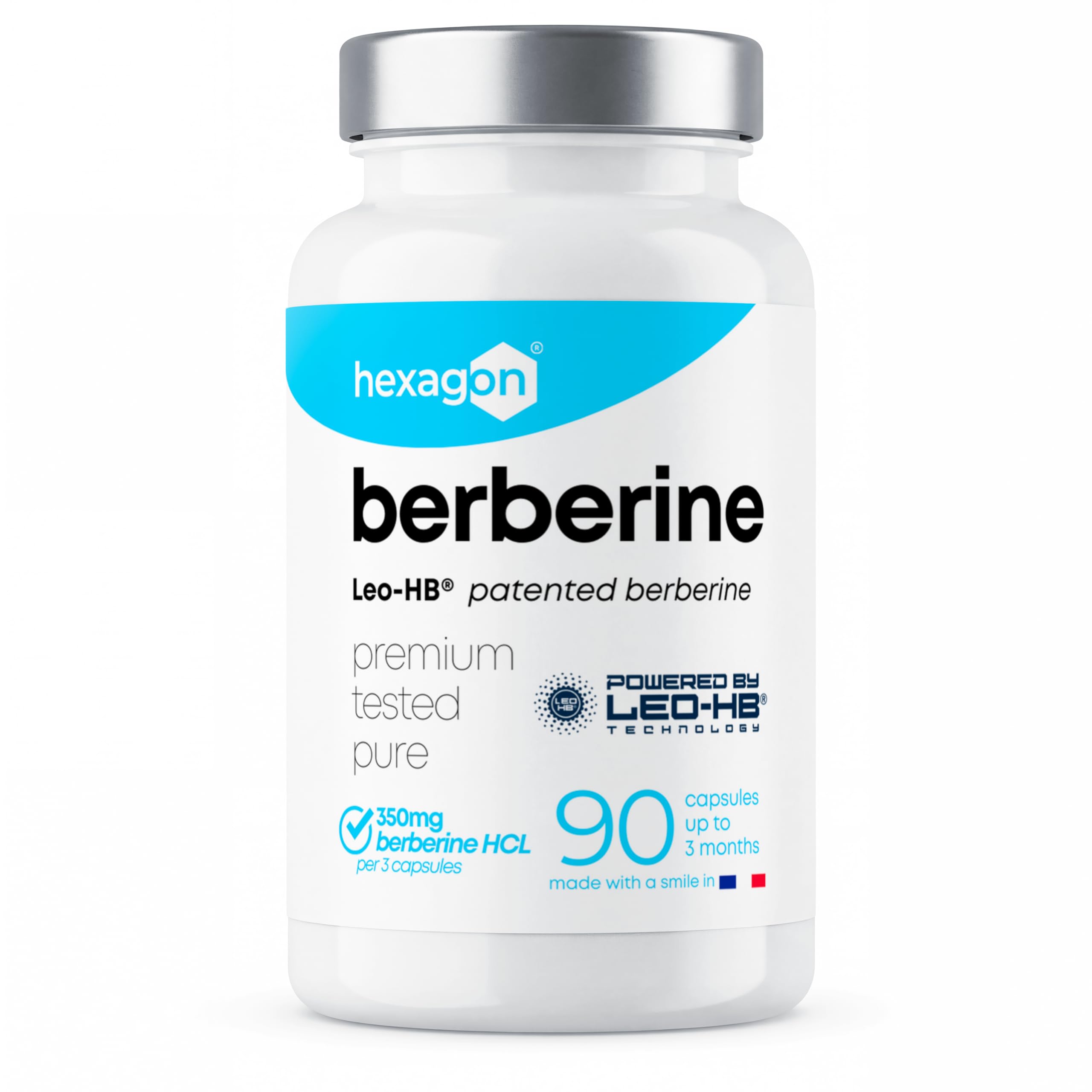 BERBERIN - LEO-HB® Patentiert, 4x höhere Bioverfügbarkeit - Bis zu 3 Monate Kur - Berberin HCL - Berberis Aristata - Stoffwechsel & Blutzucker - Made in Frankreich - 90 Kapseln - Hexagon