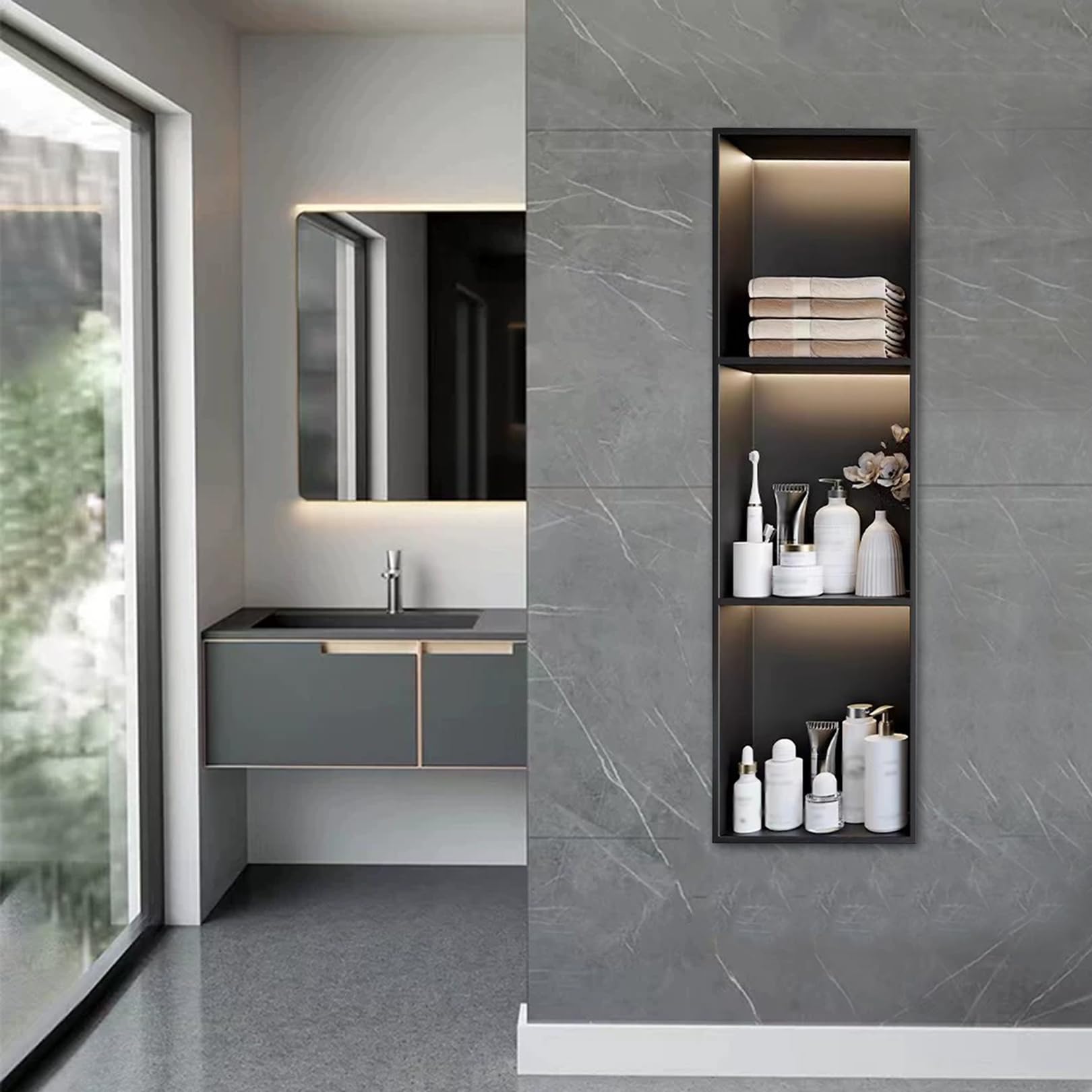 QUSYZD Stainless Steel Shower Niche with Led Light, Recessed Insert Kit for Bathroom Wall, No Tile Needed,Black,90x28cm,Black-90x28cm
