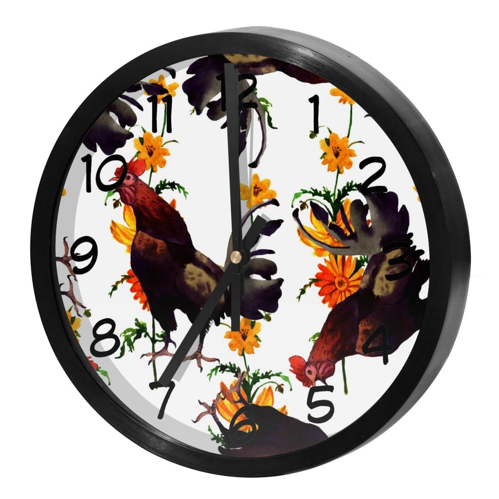 Horloge murale quartz silencieuse à piles décoration fleur jaune et coq