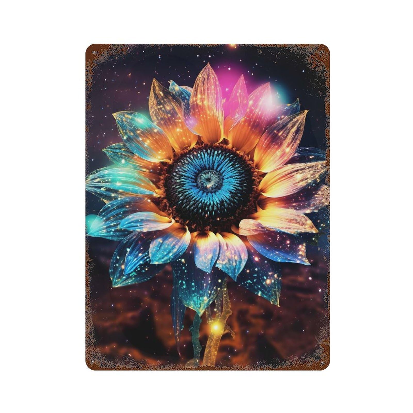 Retro Metal Sign with Galaxy SunFlower Cosmic Design 15.7"x11.8", for Shed, Workshop And Garage Wall Decor, Old School Wall Decor