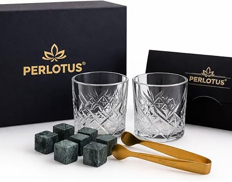 Perlotus İzmir Seri Viski Bardak Seti 2’li Kristal Kadeh Soğutma Taşı Maşalı Mıknatıslı Hediye Kutulu Sertifikalı Erkek Hediye Seti Yeşil