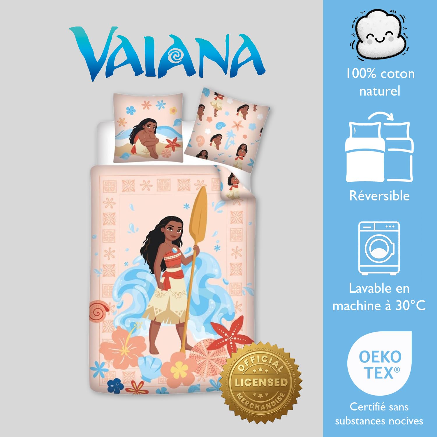 Pościel Vaiana Disney - dwustronna poszwa na kołdrę 140 x 200 cm i poszewka na poduszkę 65 x 65 cm - 100% bawełna premium, certyfikat Oeko-Tex Standard 100, zapięcie na guziki