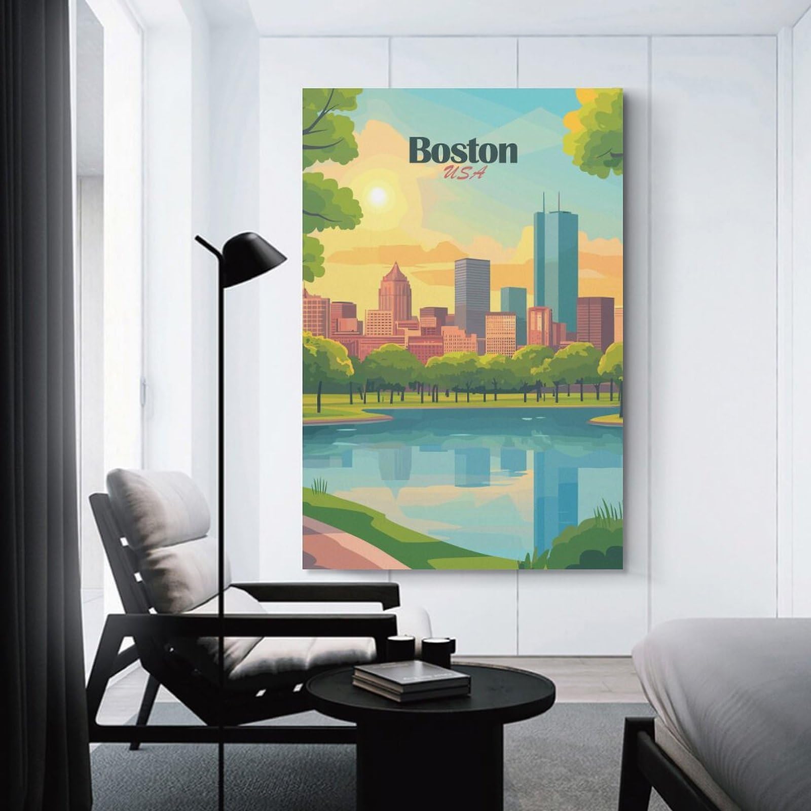 Junmoney Wall Decor Canvas Print Boston USA Cityscape Illustration(2), 24x36inch(60x90cm), for Study, Office Or Focused Interiors, Wall Art That Adds Style to Work Areas