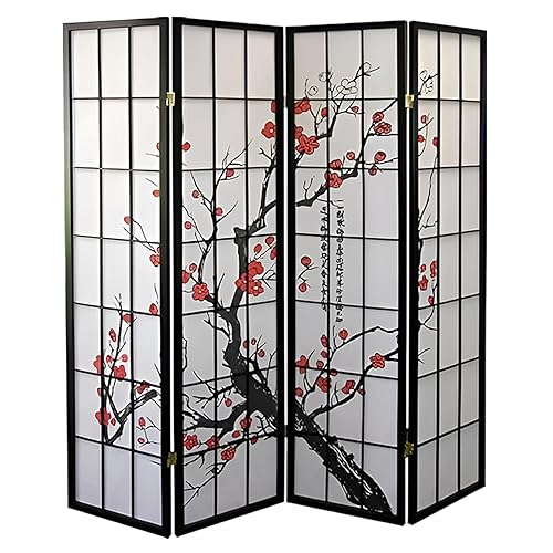 Legacy Decor 4-Panel Blossom Screen - Portable, Foldable Shoji Style Room Divider - Plum Blossom, Freestanding Room Privacy Dressing Screen - Temporary Wall Partition for Home, Office & Studio - Black - Black - 4 Panel