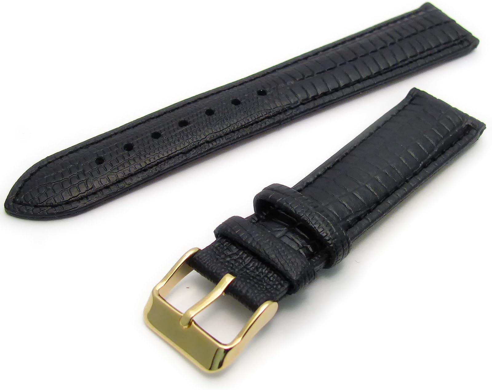 Genuine Leather Watch Strap Band Padded Lizard Grain 18mm Black with Gilt (Gold Colour) Buckle