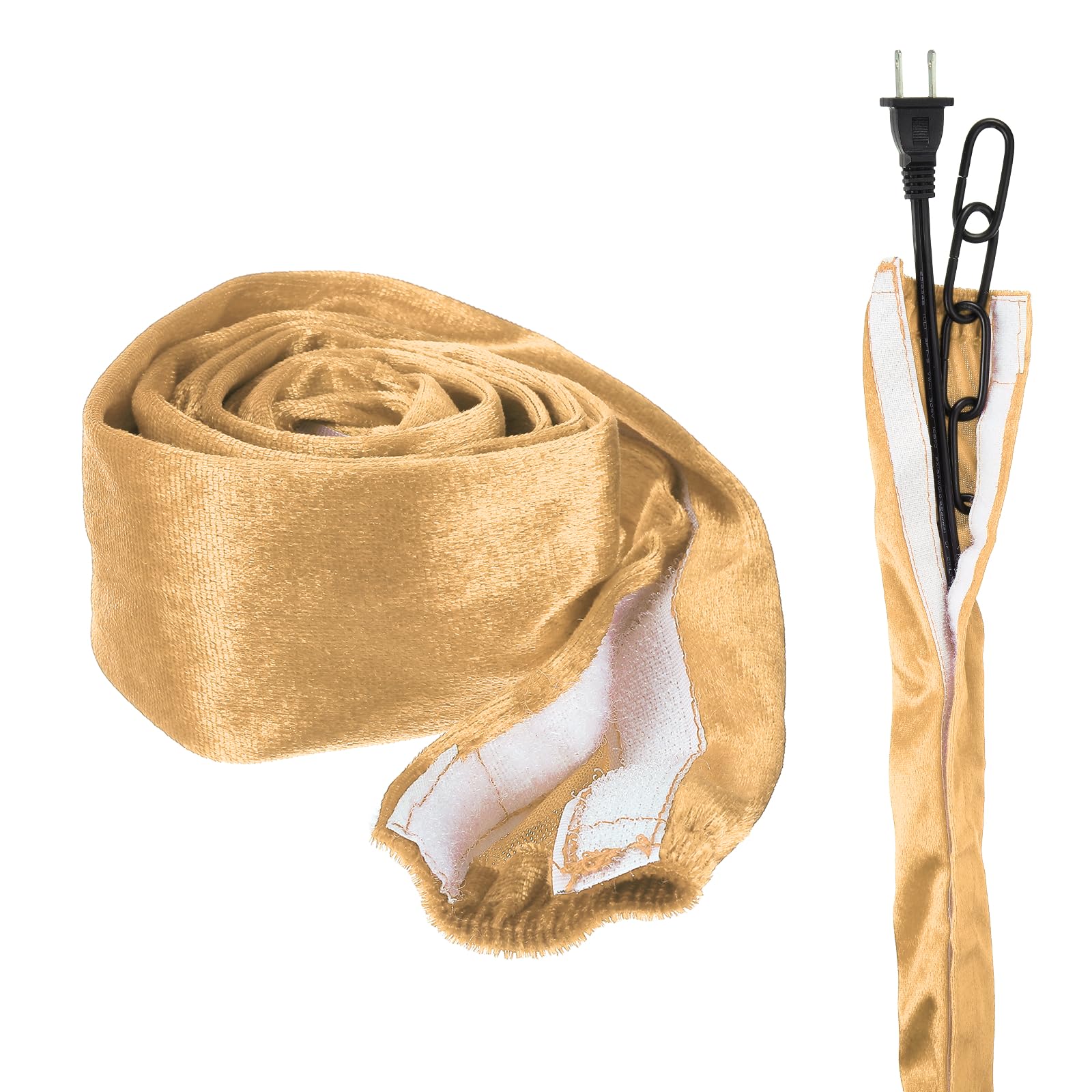 sourcing map 1.2m Chandelier Fabric Chain Cover, 1Pcs Velvet Fabric Cord Cover, Decorative Cloth Swing Chains Sleeve for Candle Chandelier Crystal Light Cable Wire, Touch Fastener, Gold