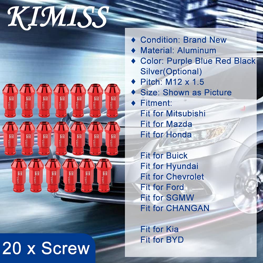KIMISS Tue de aluminio para ruedas M12x1.5, para coches y tuning, roja, ligera y resistente, tornillo para llantas deportivas