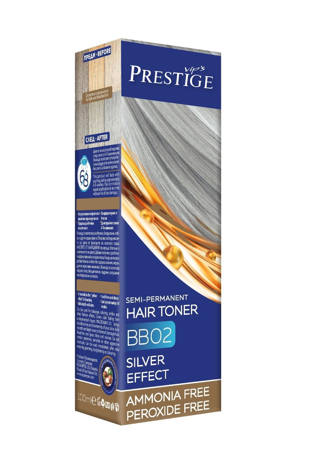 Vip's Prestige Hair Toner, Silver 02, Semi-Permanent Hair Colour, For Blonde & Grey Hair, Ammonia Free, Peroxide Free, 100ml